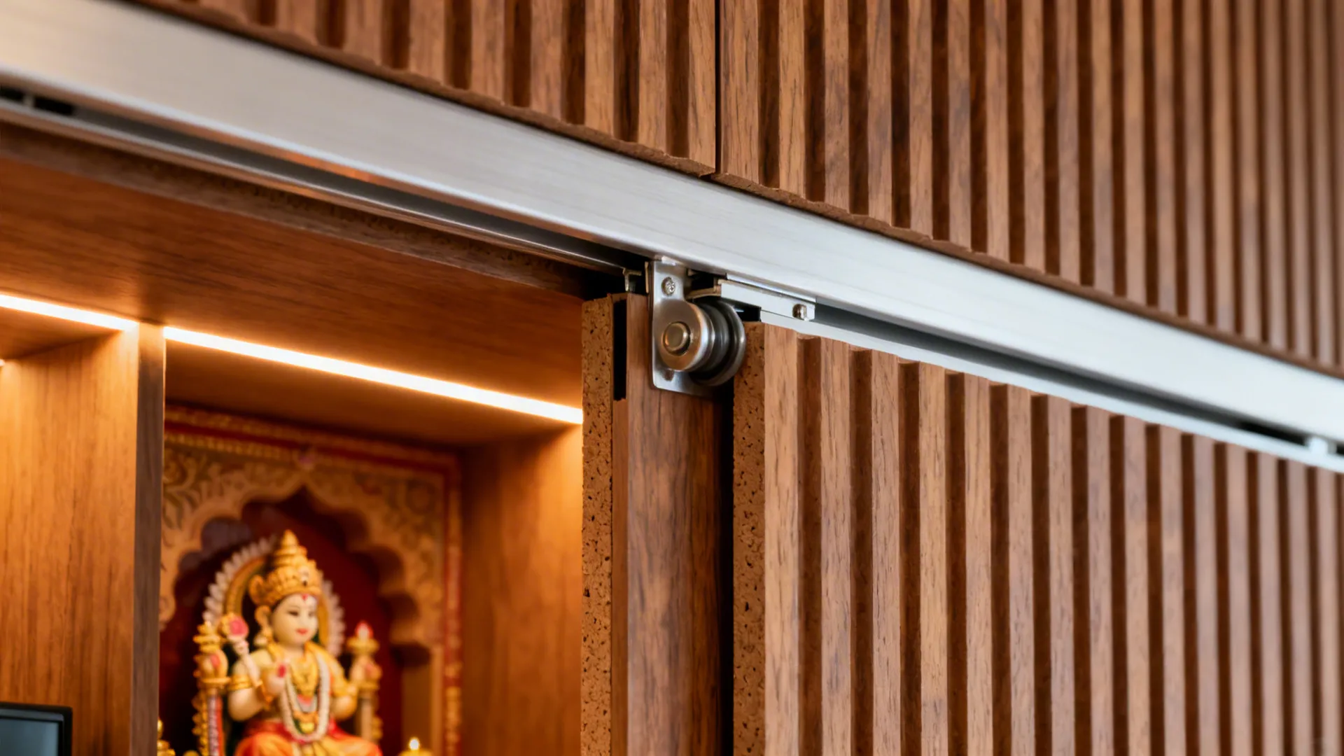Macro of fluted veneer sliding panel track with precision hardware on a mandir-TV wall.