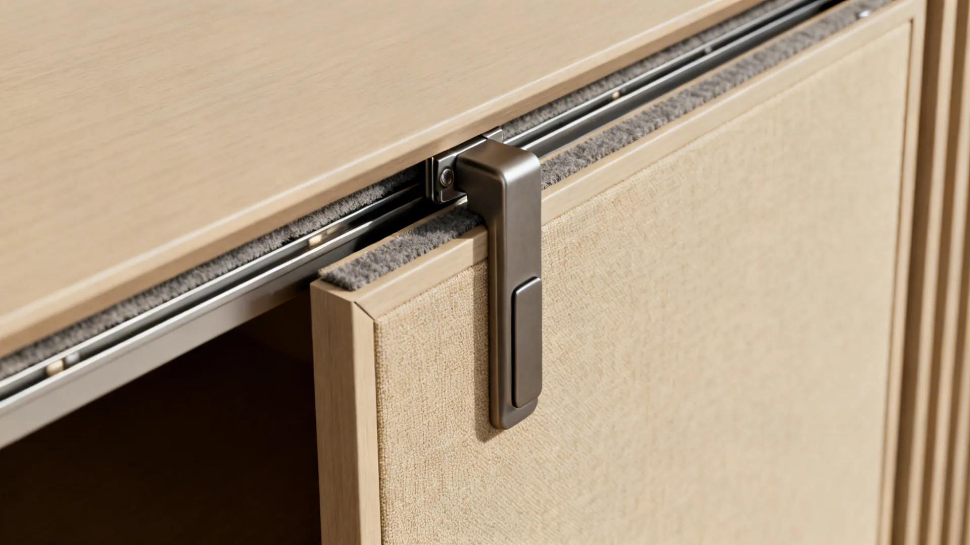 Close-up of a soft-close sliding track with flush pull and fabric panel on a media unit.