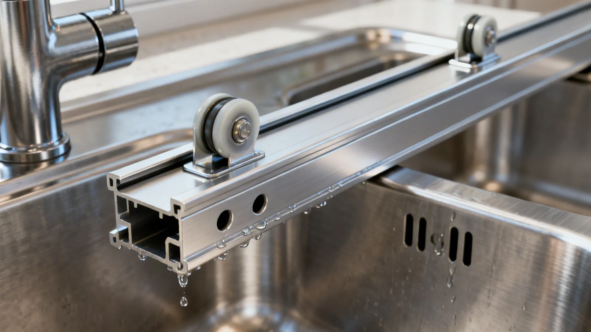 Close-up of a clean sliding window track with rollers, drip edge, and weep holes above a sink.