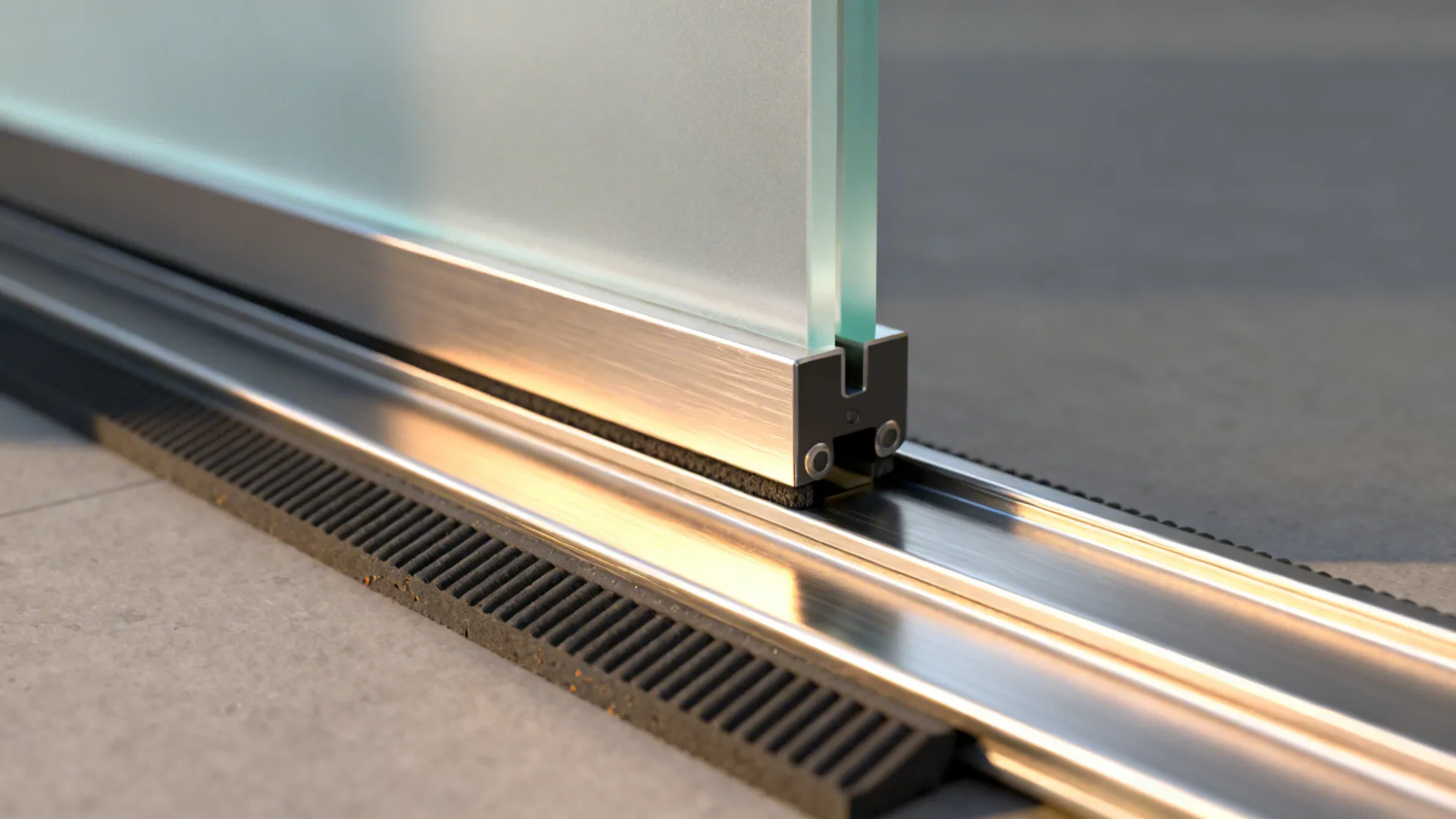 Close-up of sliding door floor guide, soft-close track, and acoustic seal.