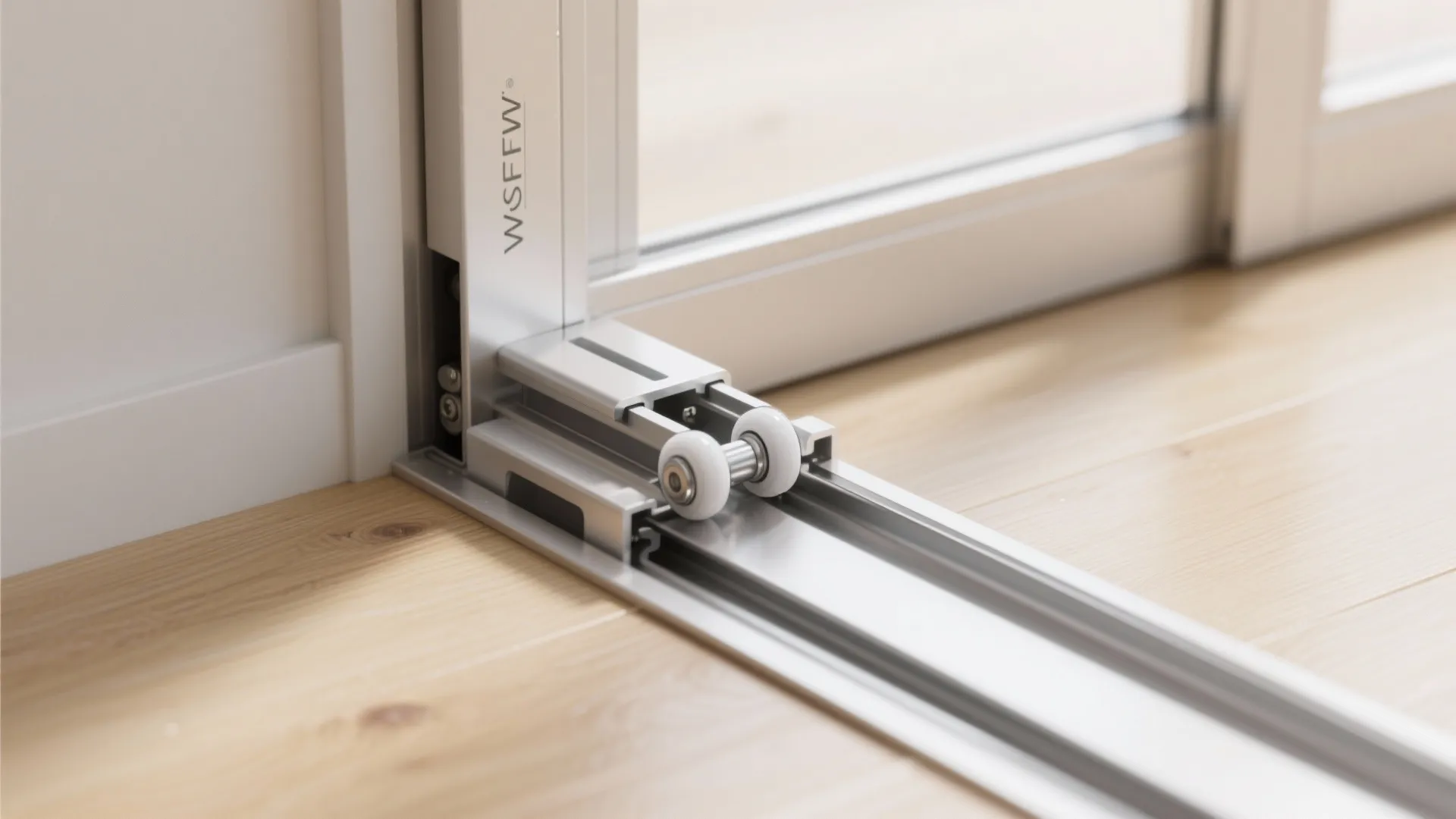 Macro of a premium sliding door track with aligned rollers and aluminum rail on light wood flooring.