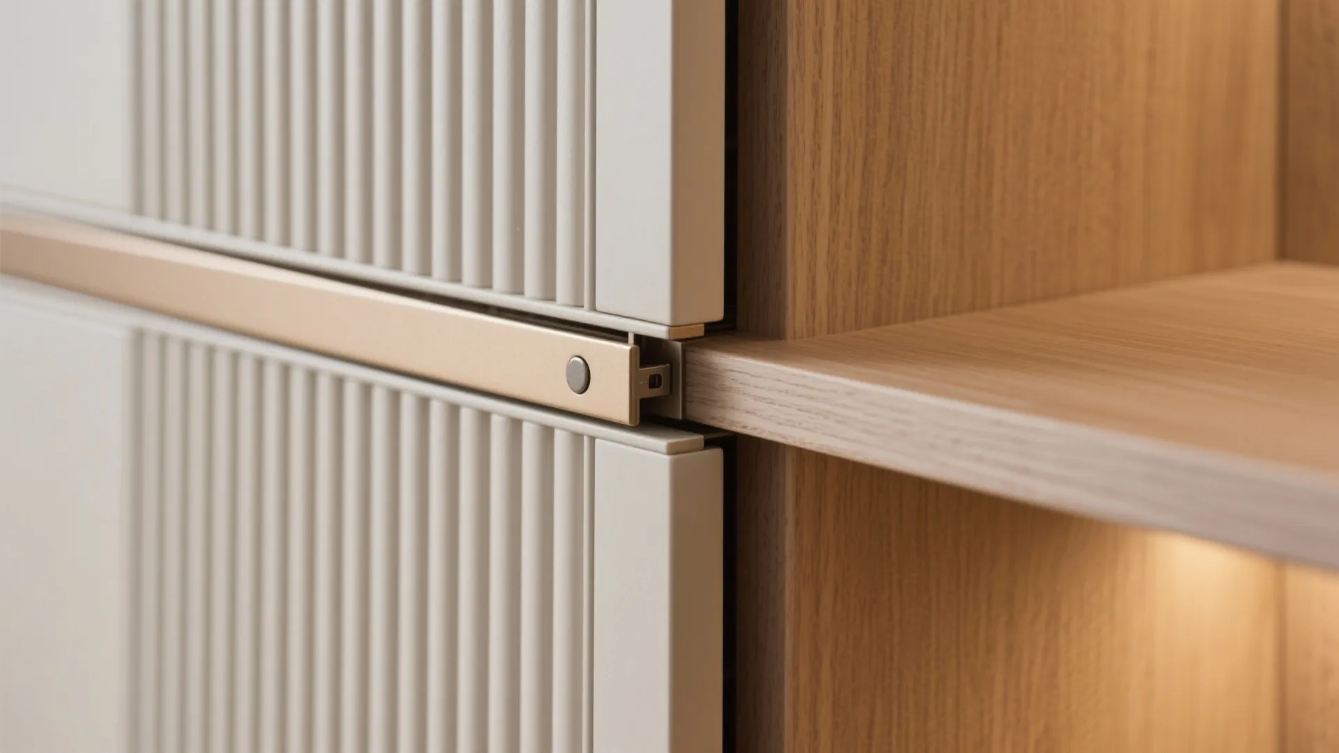Close up of a sliding cabinet door with vertical patterns and gold metal handle detail