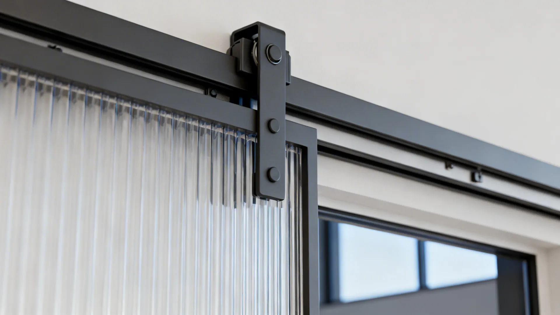 Close-up of a top-hung sliding track with soft-close hardware and reeded panel edge.