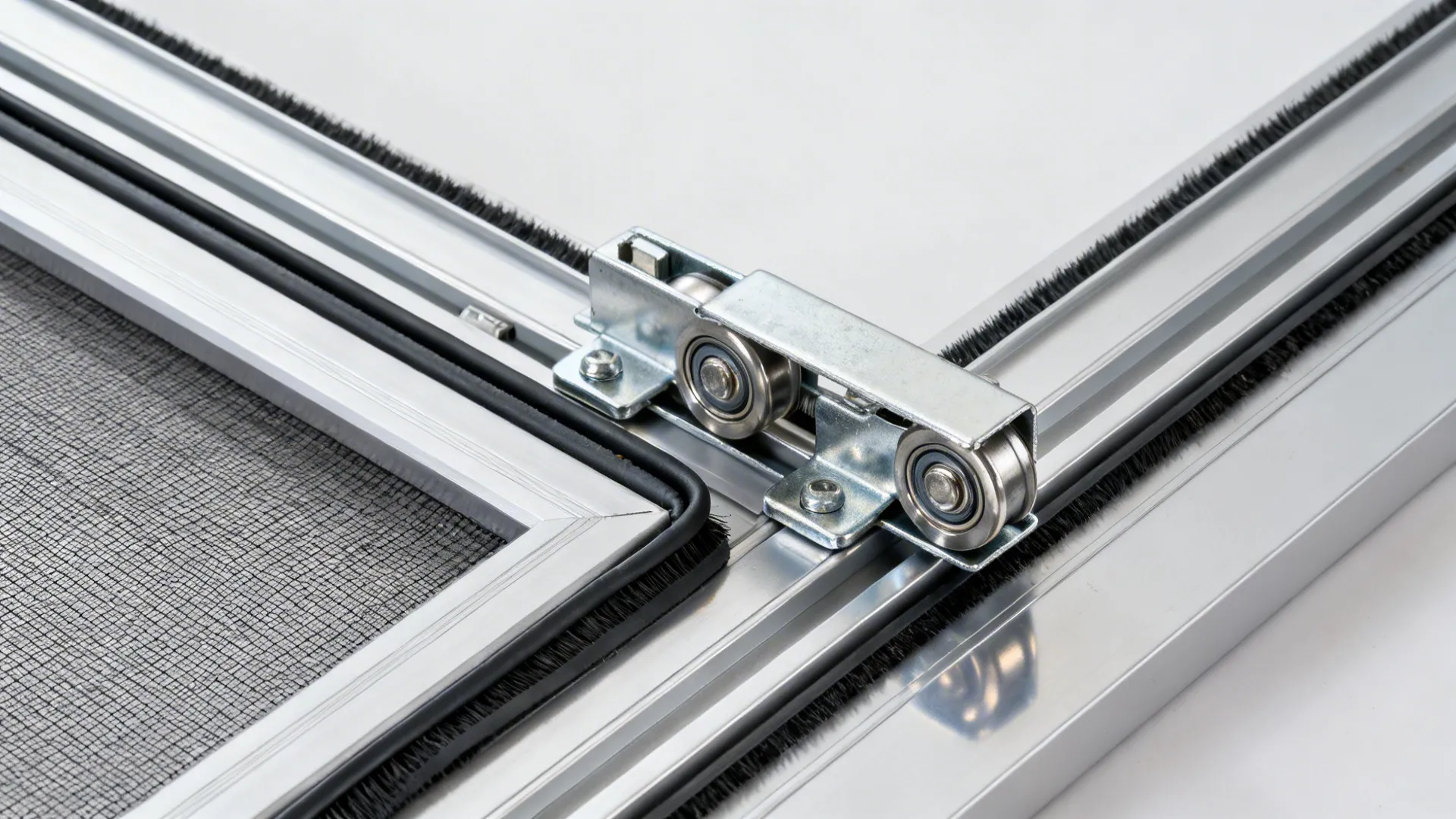Macro of aluminum sliding window track with rollers and brush seals.