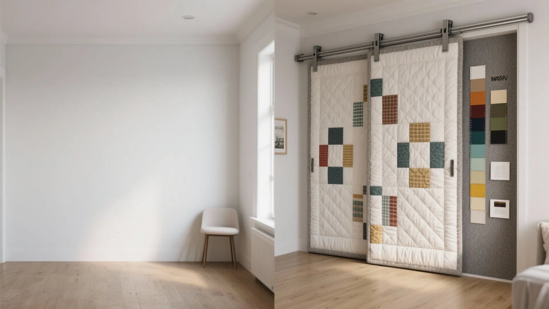 Before and after comparison showing empty white wall versus sliding quilted decorative panels with color samples
