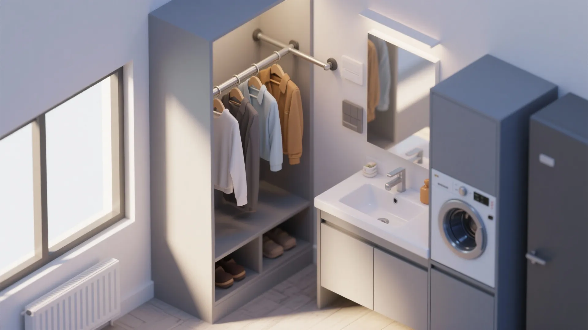 Modern laundry room layout with washing machine and clothes hanging on a sliding track rod
