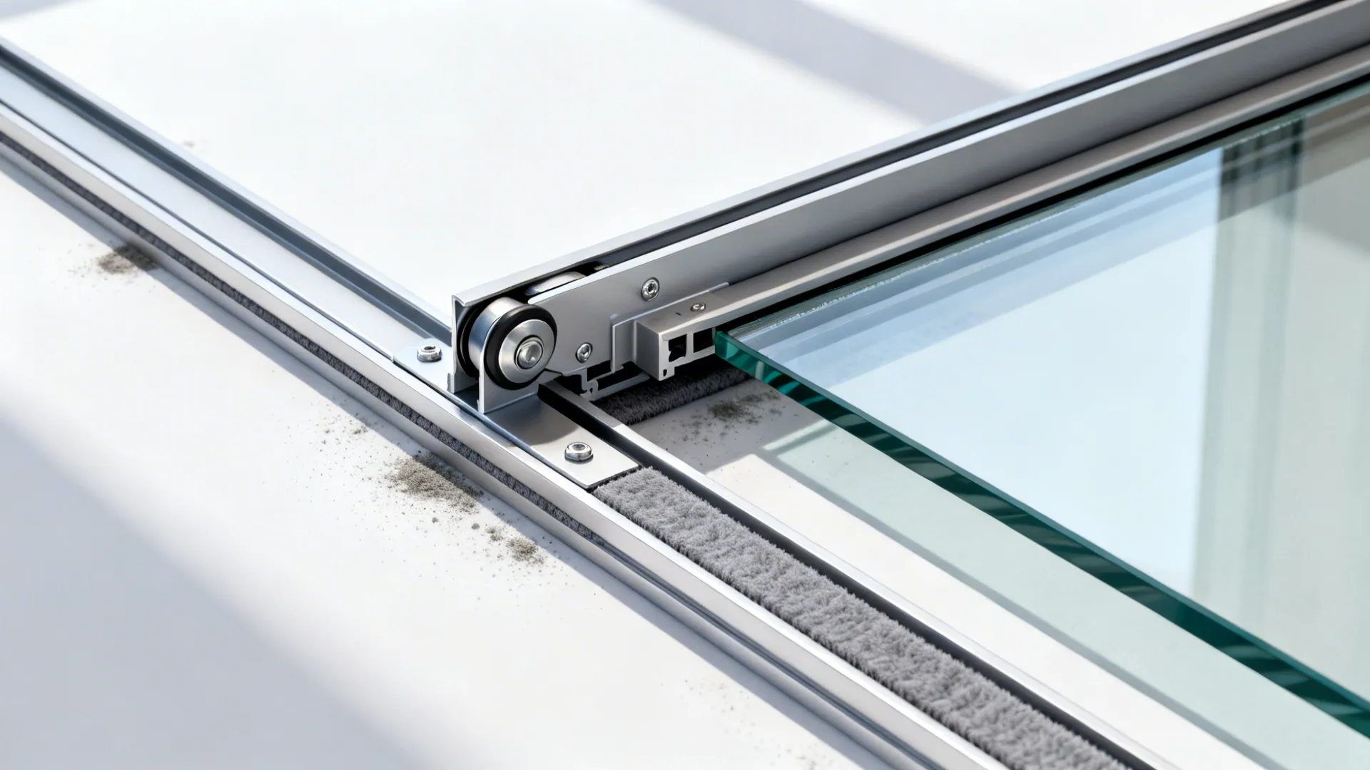 Top-down view of sliding glass track with anti-jump rollers and soft-close parts.