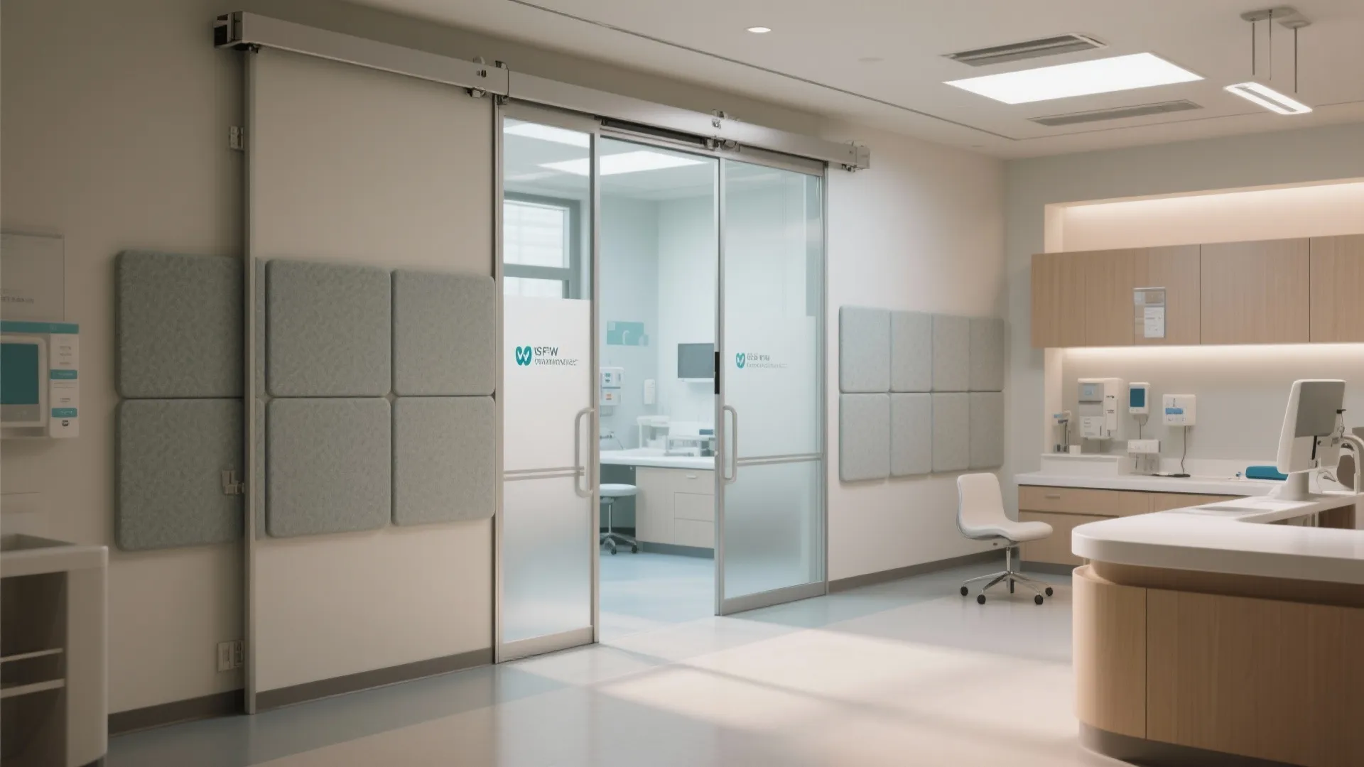 Medical office interior featuring glass sliding doors grey wall panels white desk and ceiling light