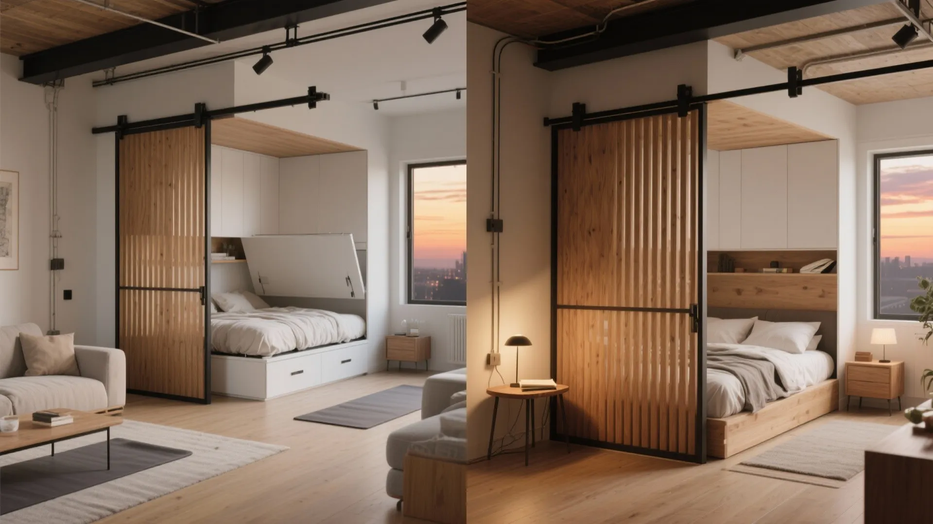 Modern studio apartment with wooden sliding door separating the living area from a white bed