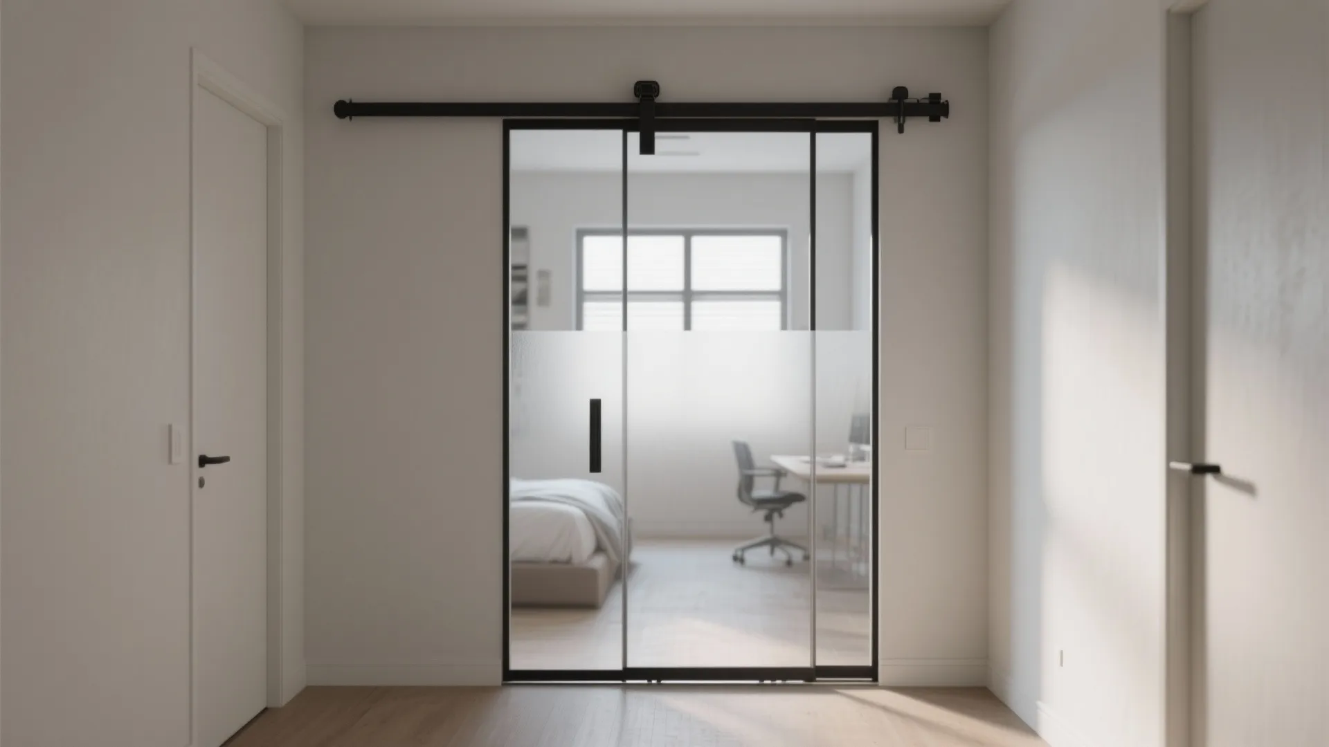 Black sliding glass door with a frosted middle section separating the hallway from the bedroom