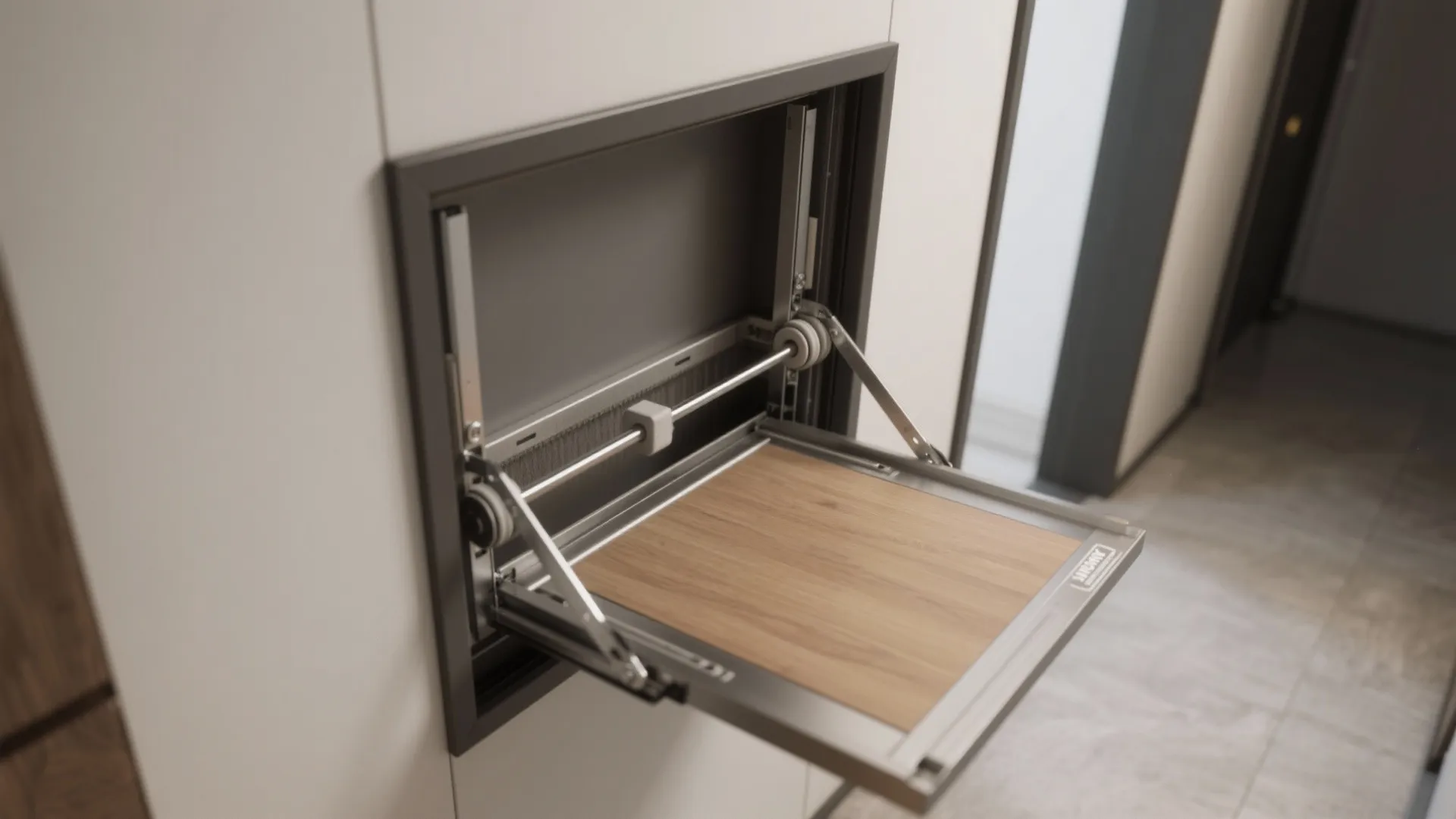 Wall mounted folding wooden shelf with silver metal parts opened inside a bright modern hallway room
