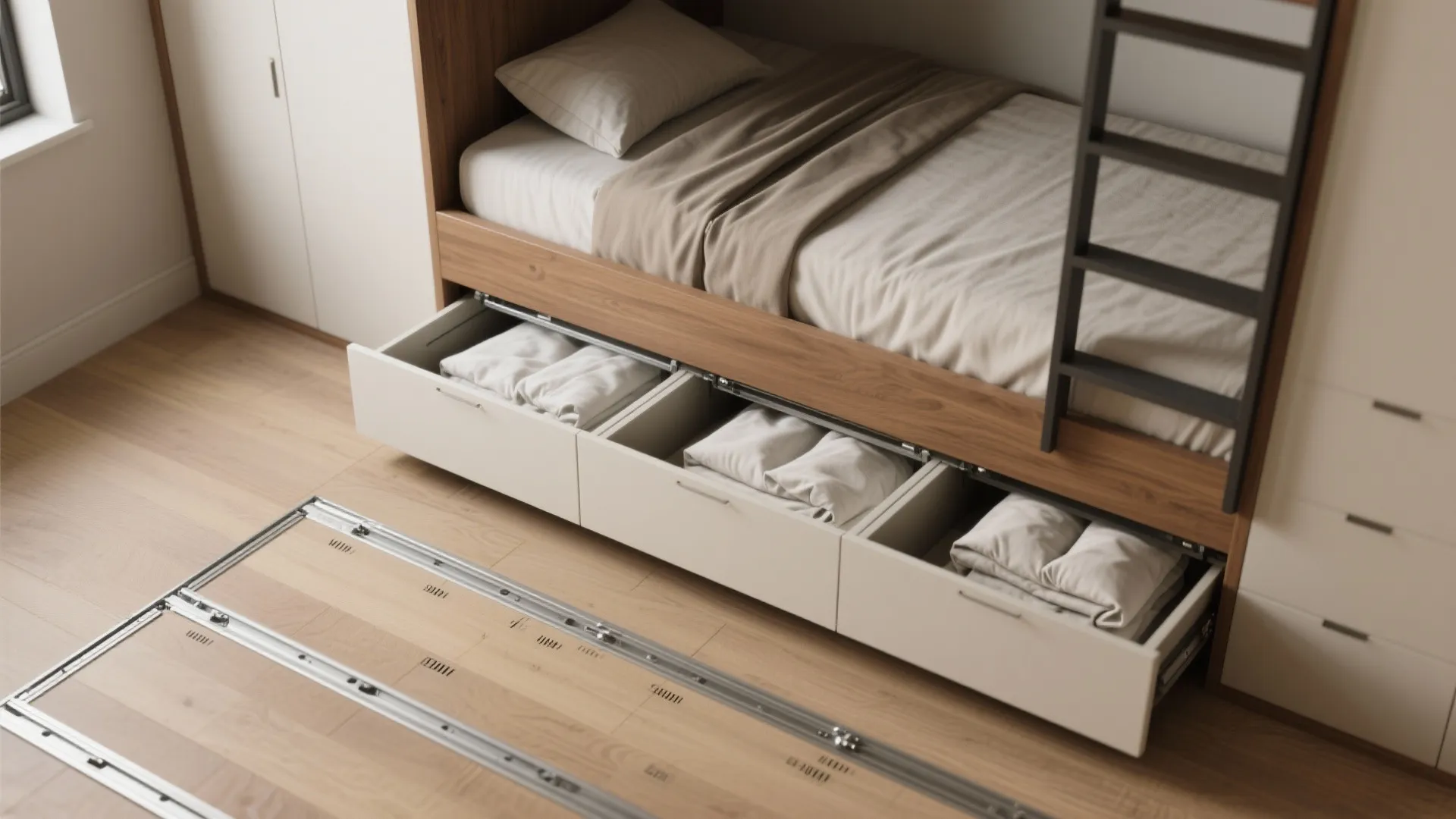 Top-down view of a sliding trundle bed revealing concealed linen compartments and recessed tracks.
