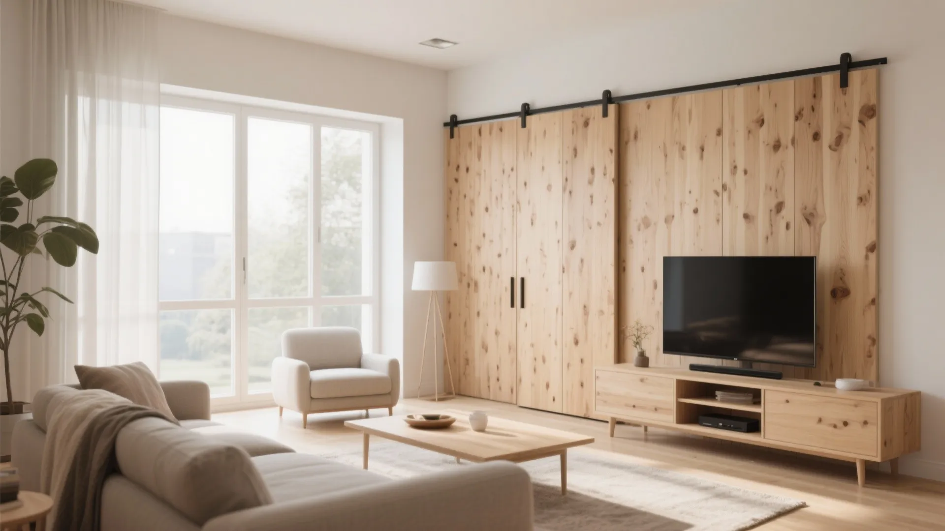 Sliding wooden panels conceal TV in living room