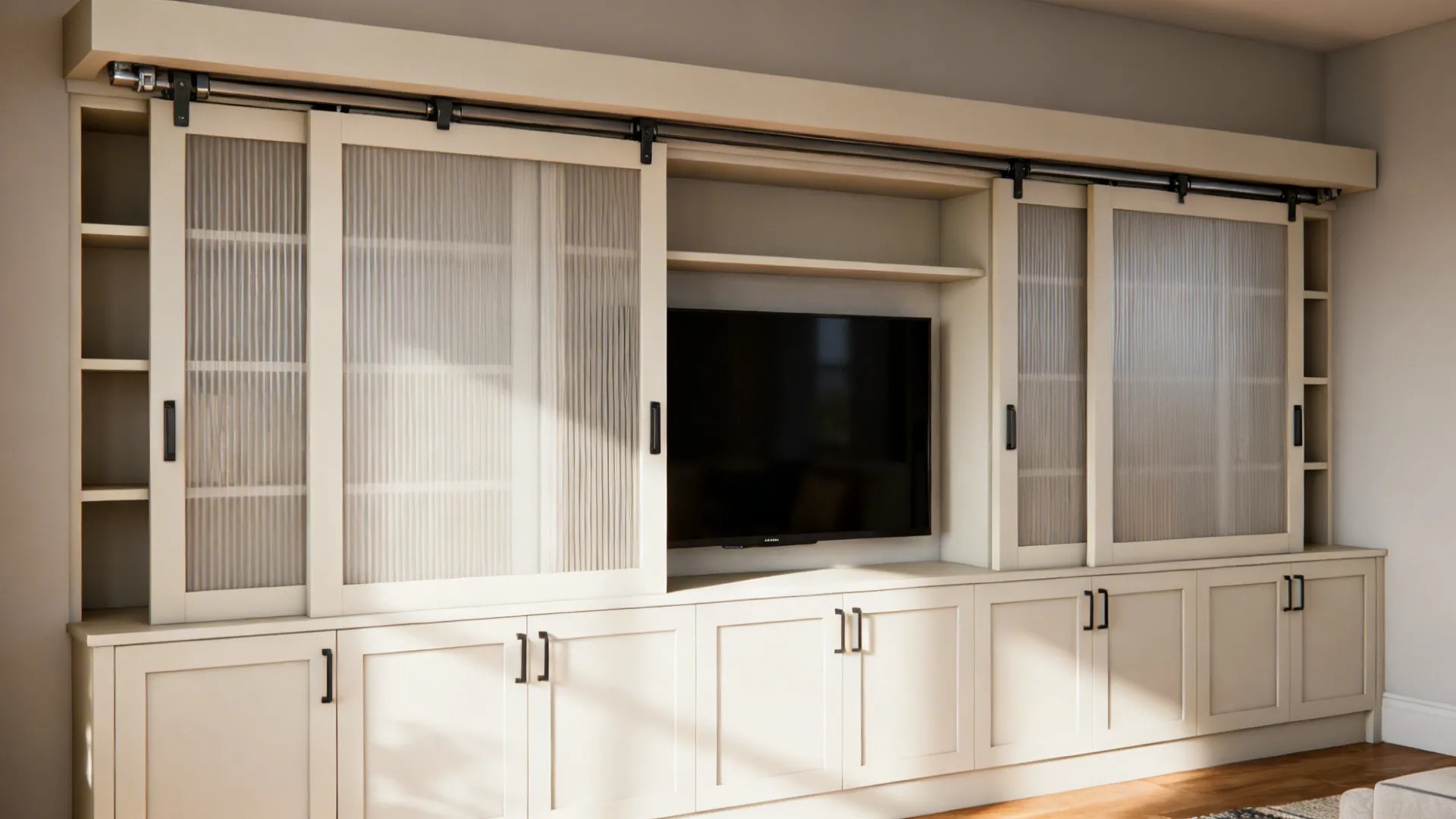 TV wall with slim top-hung sliding shutters that conceal shelves for a tidy look.