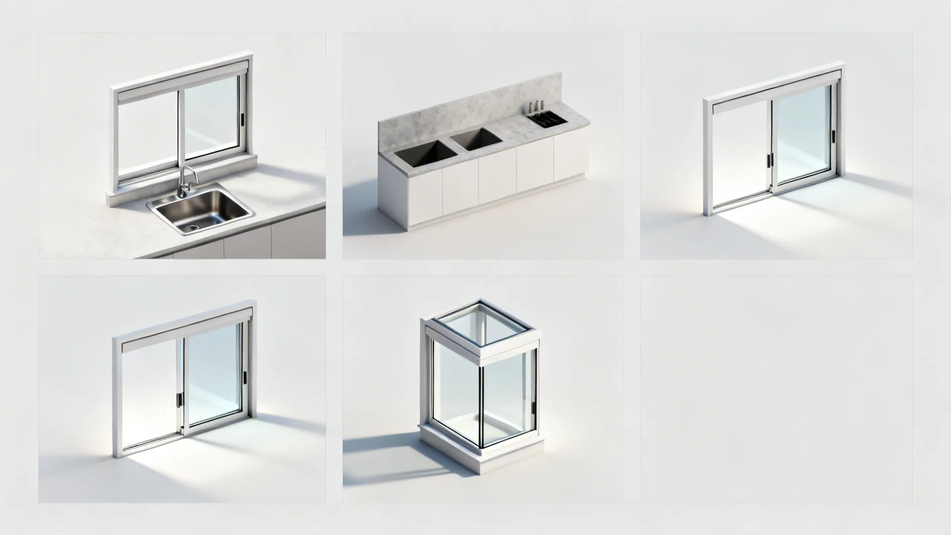 Grid showing interior design drawings of different white sliding windows and a kitchen sink unit