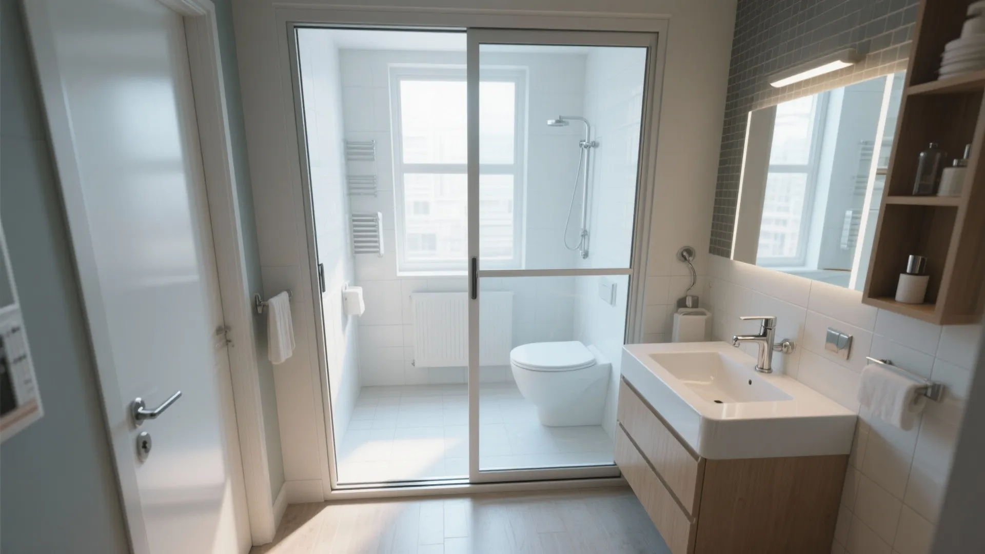 Modern bathroom with glass sliding door separating toilet area from wooden vanity and white sink