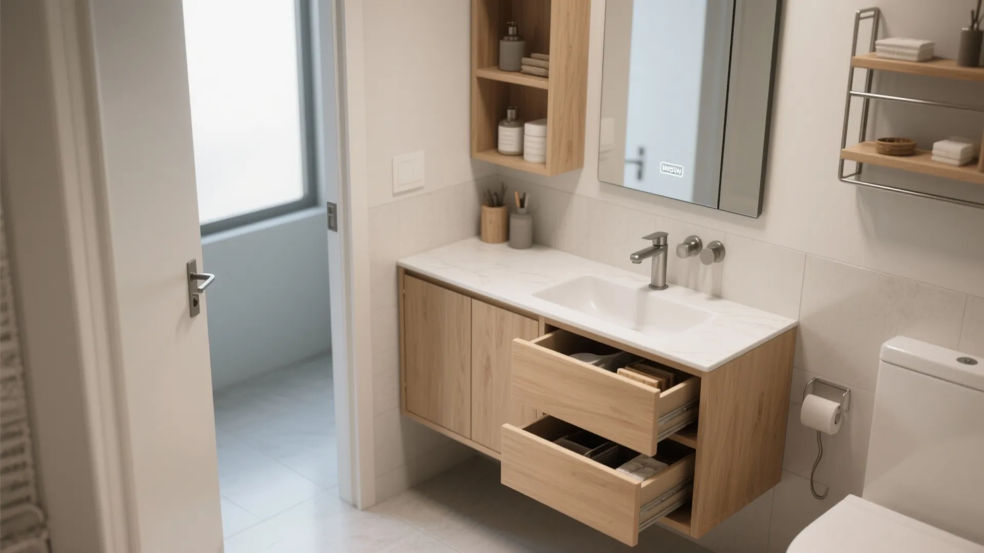 5. Vanity with pocket doors or sliding drawers
