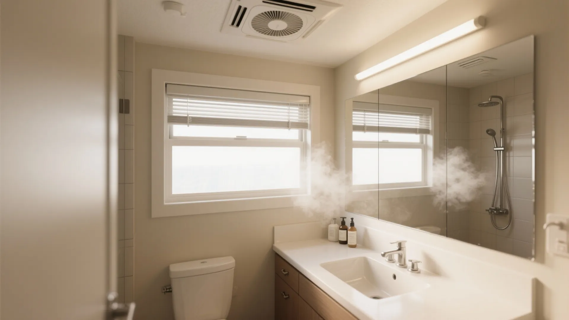 Modern bathroom with white sink vanity mirror toilet window and ceiling ventilation fan clearing steam