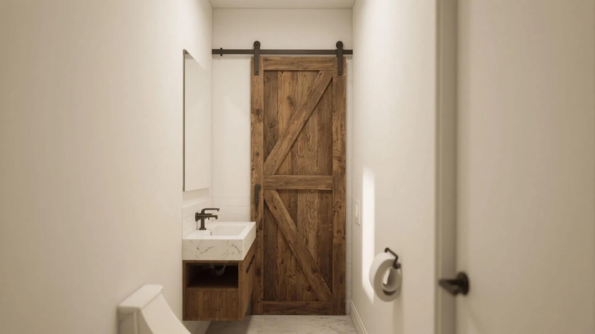 1. Sliding Barn Door Vanity for Tiny Baths