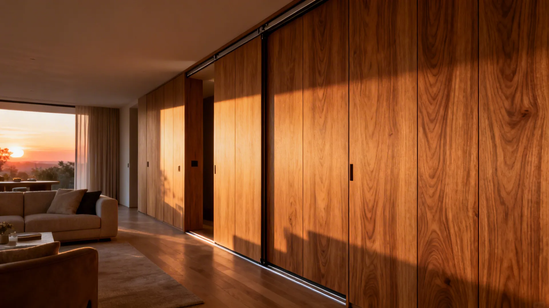 Sliding-door wall cabinets in grain-matched rift-cut oak with a slim depth along a living room wall.