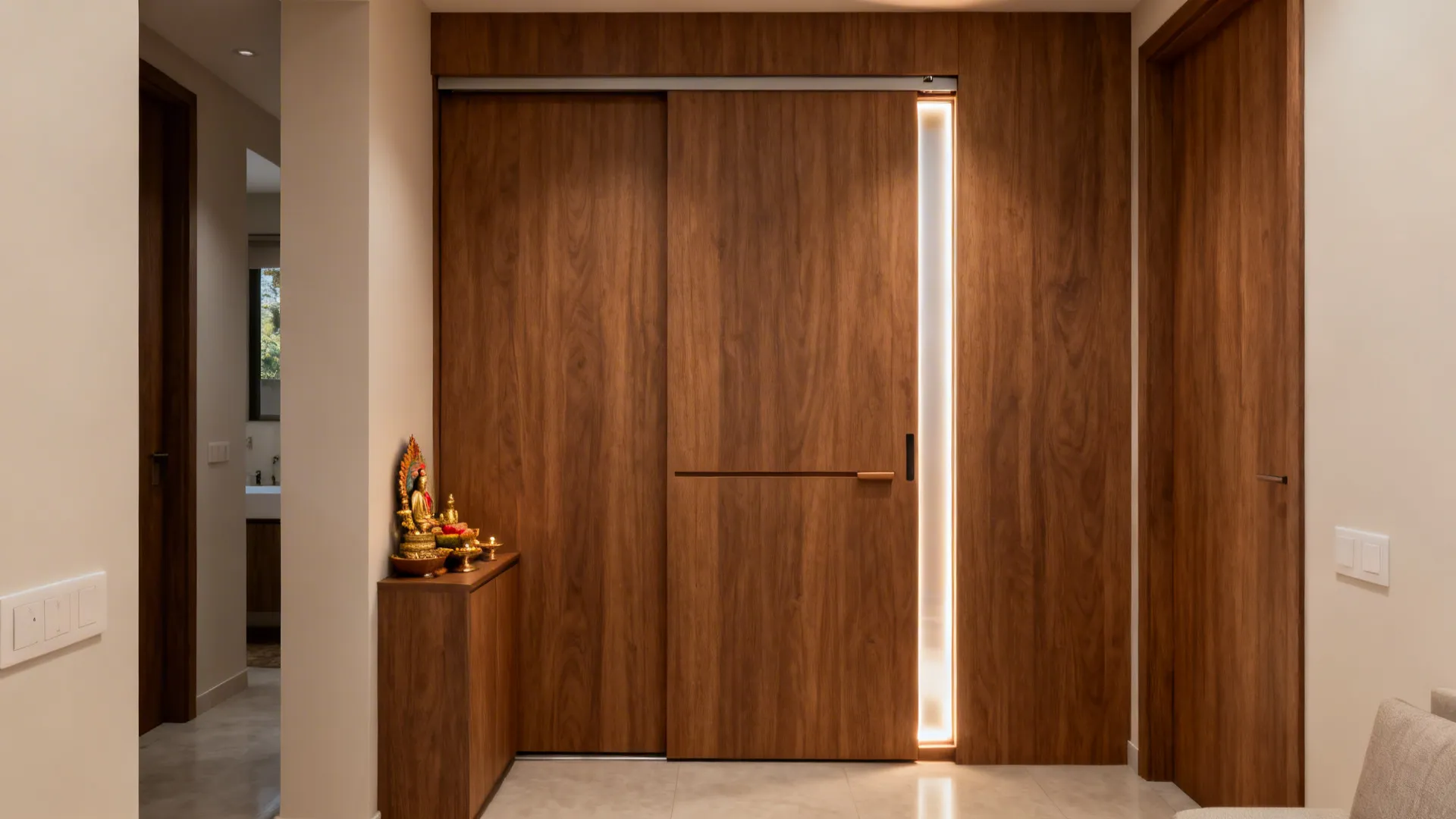 Minimal veneered sliding pocket door for a compact pooja corner with warm tones.