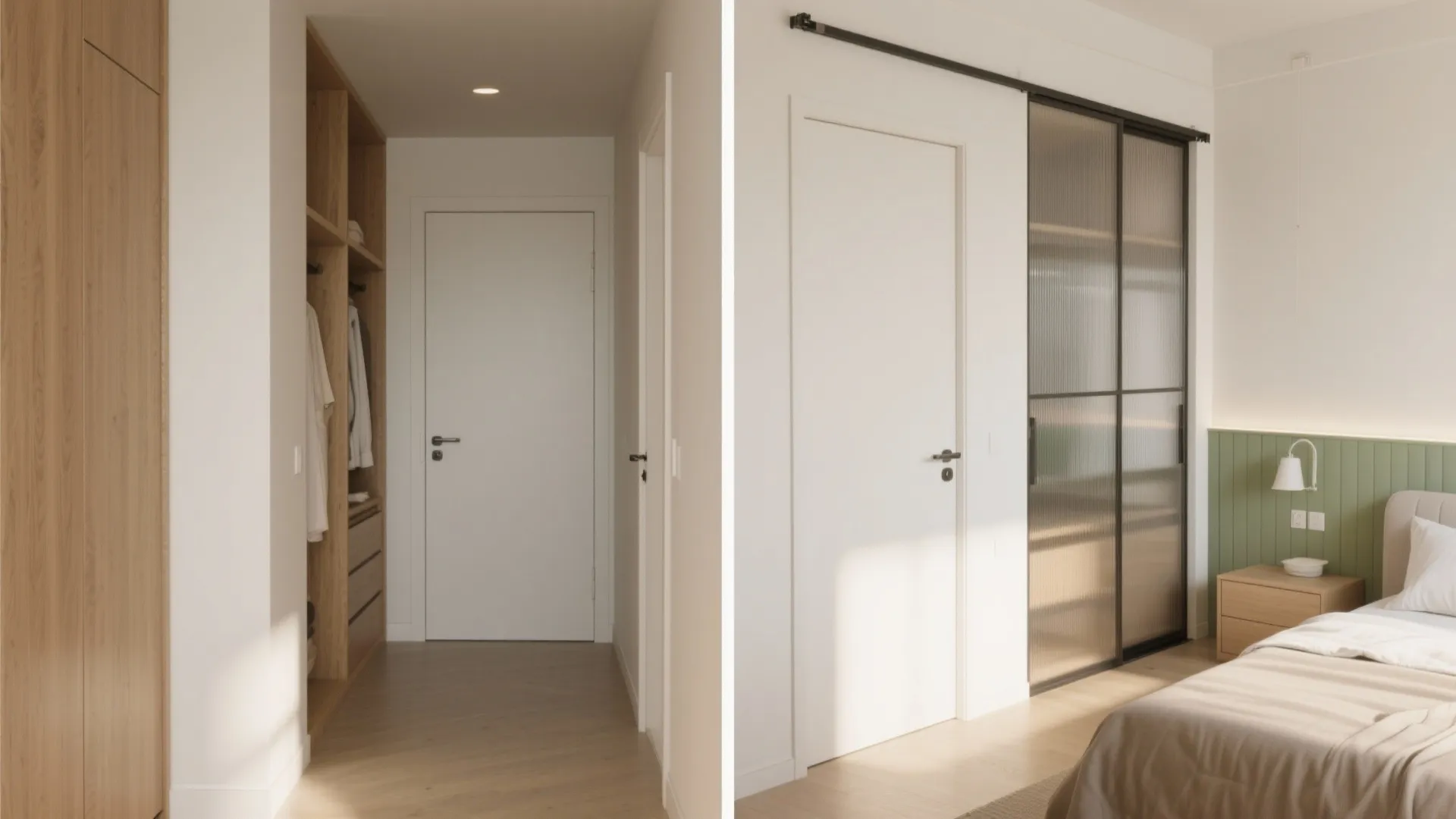 Side by side comparison of a traditional white swinging door and a glass sliding door