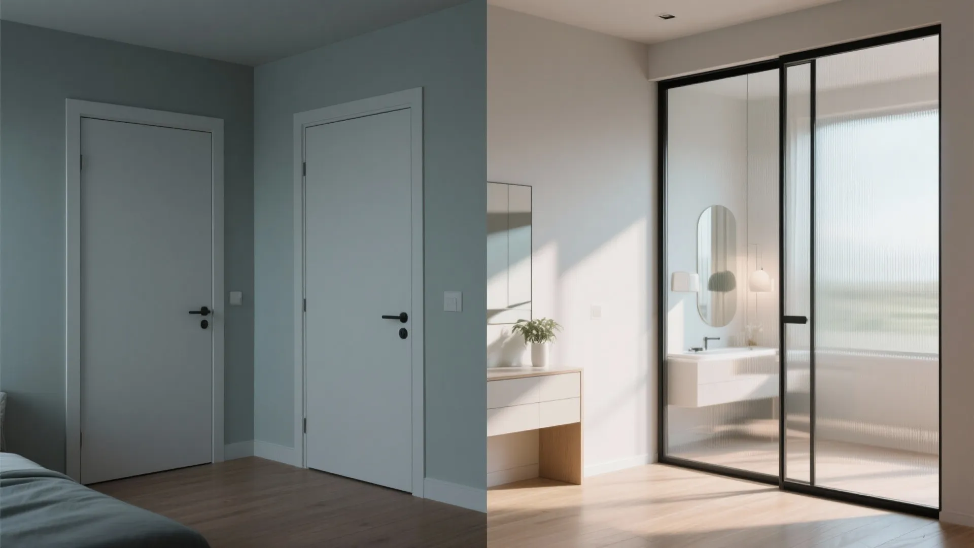 Comparison of hinged and sliding glass doors in a small room