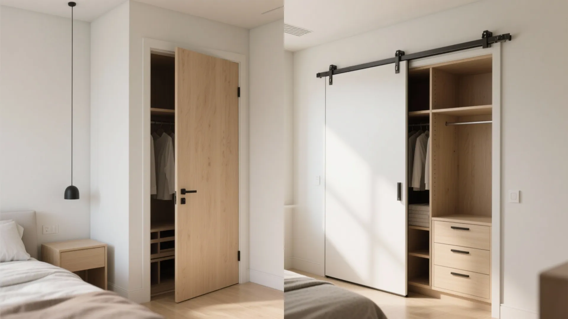 Side by side comparison of a light wood swing door and a white sliding door