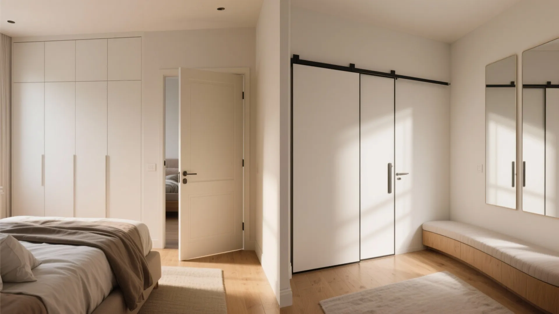 Interior design drawing comparing a white swing door and a sliding door in a bedroom