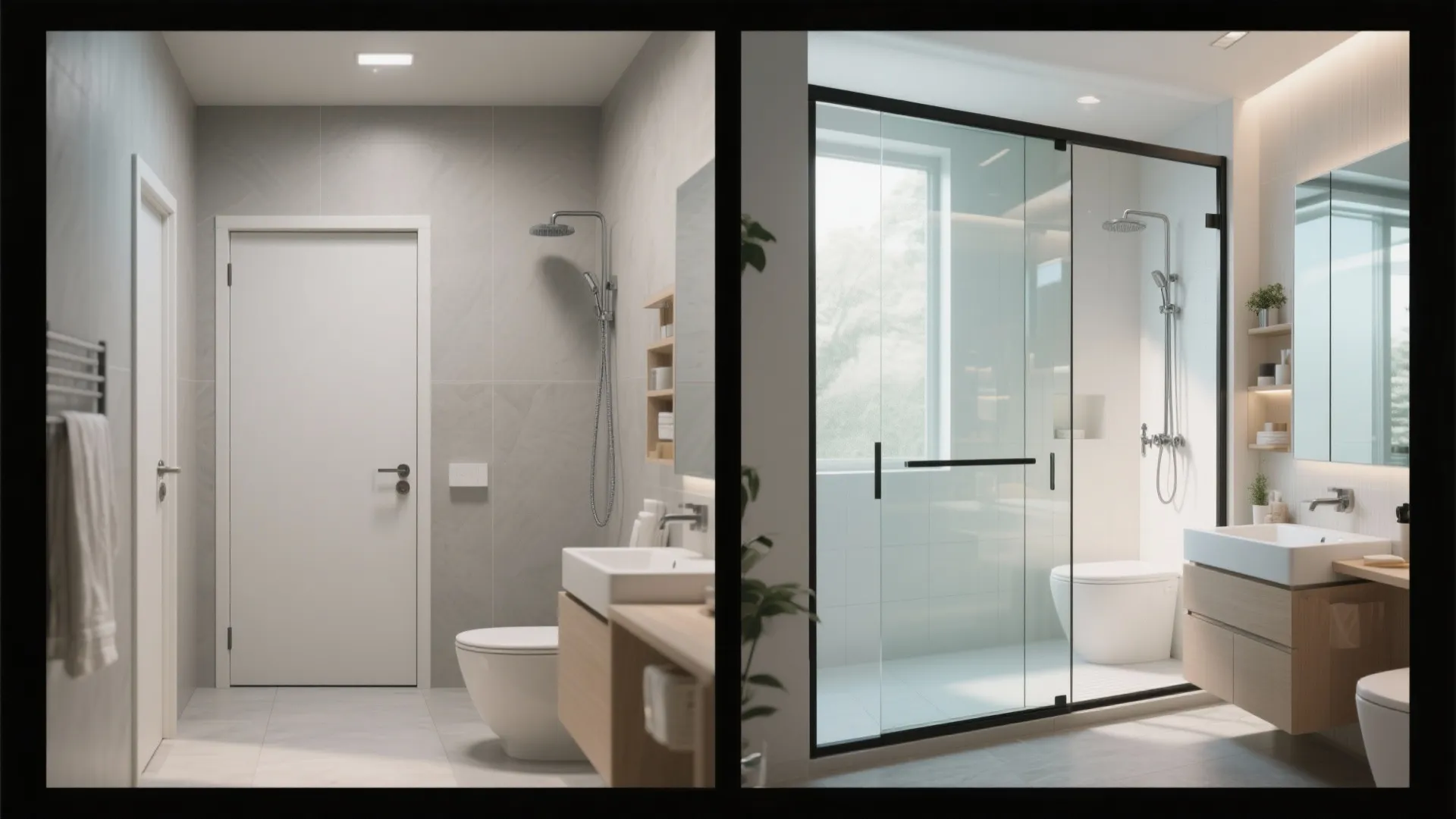 Comparison showing a white swing door versus a glass sliding shower door in bathroom interior