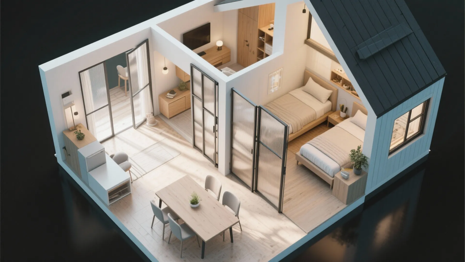 Small house room layout showing glass sliding doors two single beds and wooden dining table area