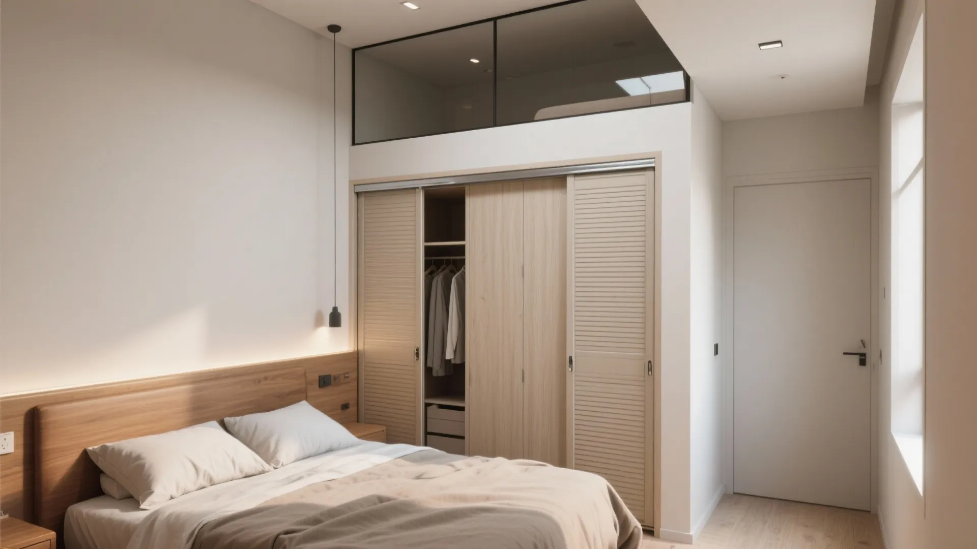 3) Sliding wardrobes + overhead lofts that disappear into the wall