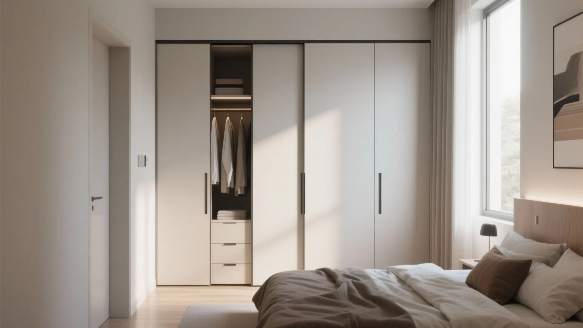 White sliding door cabinet in a bedroom showing hanging clothes and drawers near comfortable bed