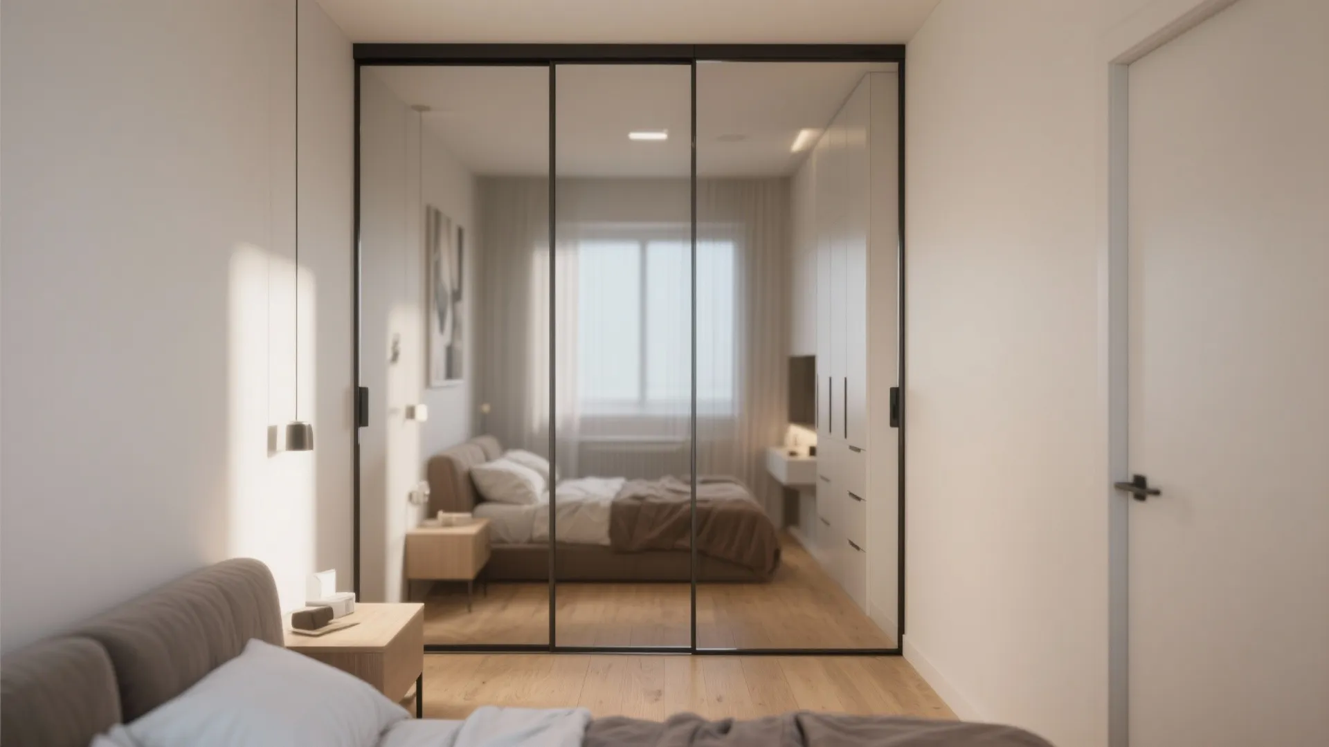 Bedroom with modern sliding door wardrobe in neutral tones