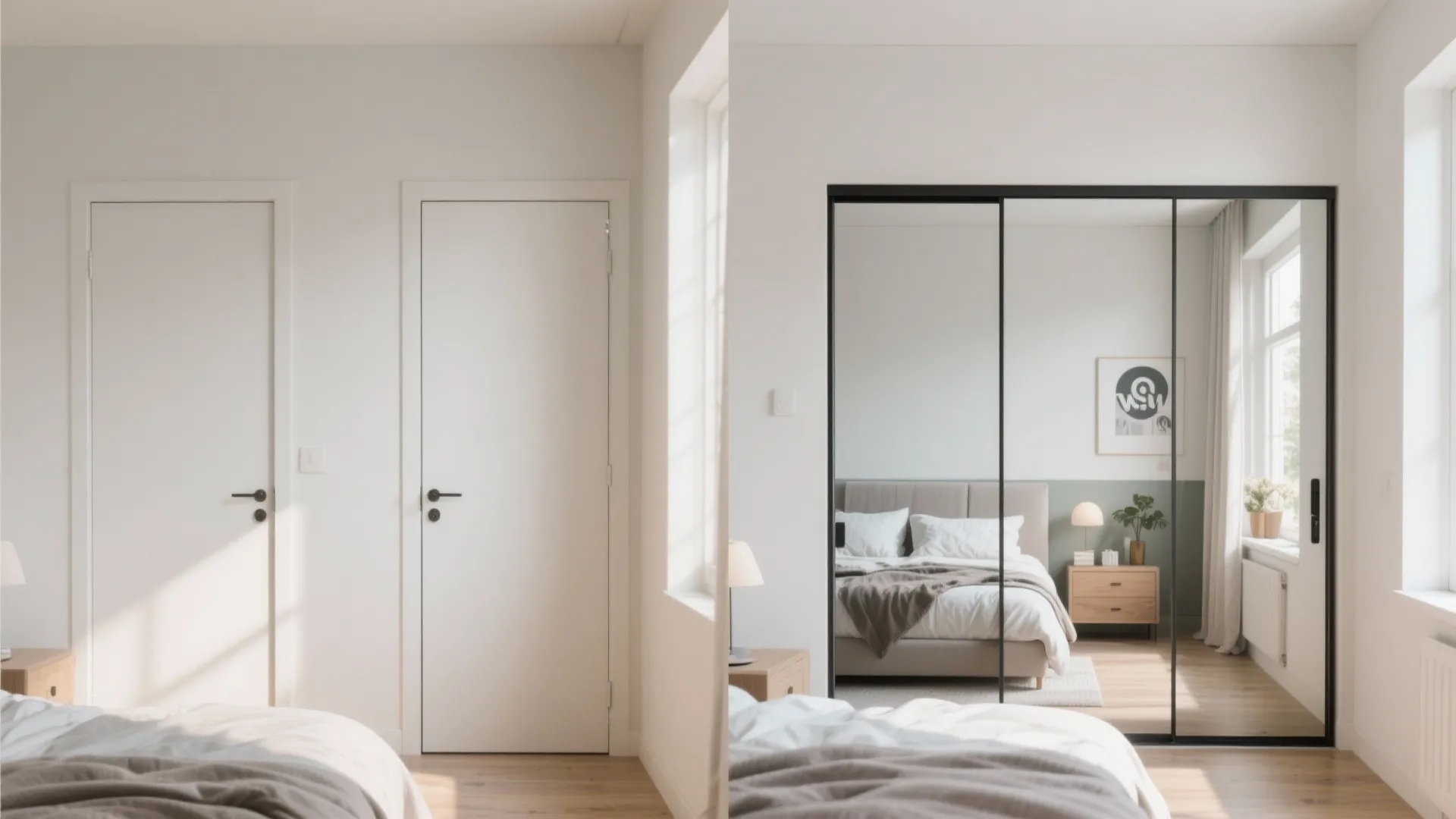 Modern white bedroom featuring large sliding mirror closet doors reflecting a bed and wooden floor