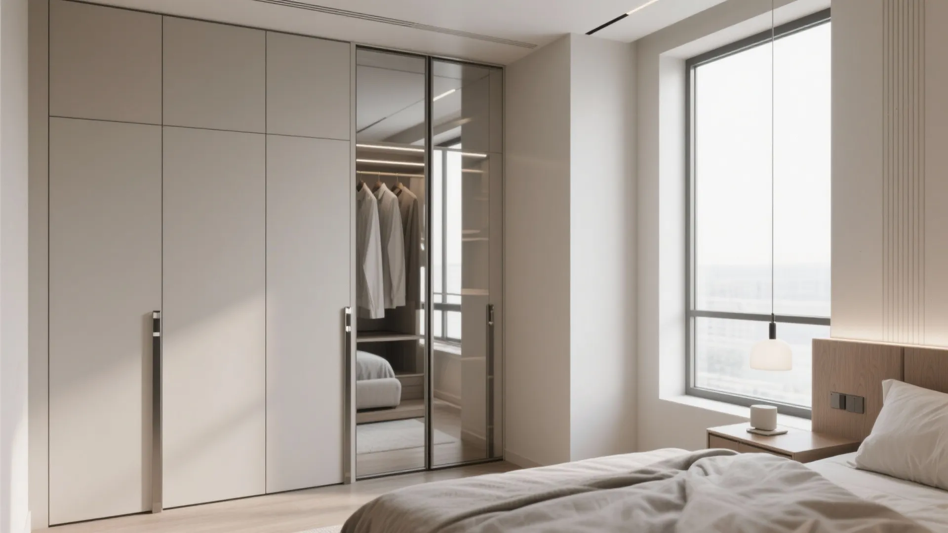 Modern bedroom with large white cabinet having glass sliding doors next to bed and window