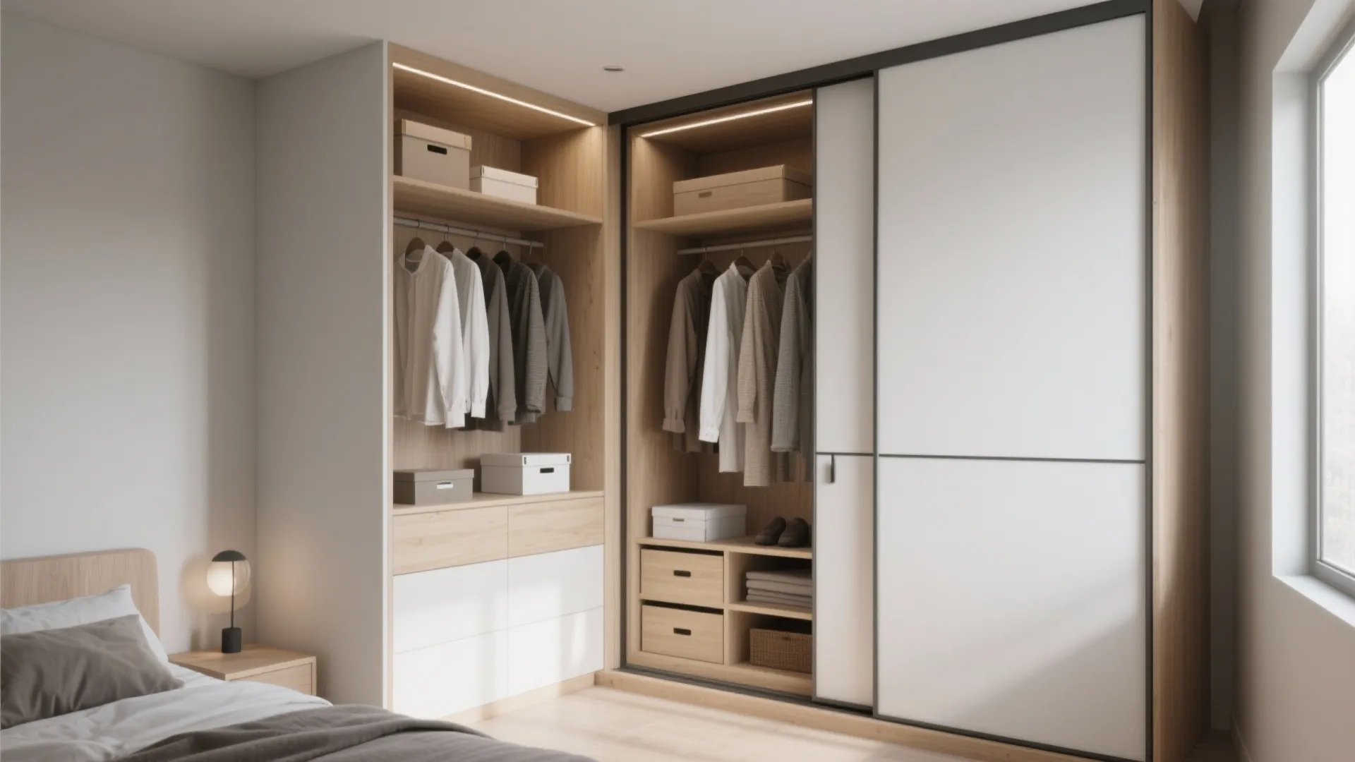 Built-in custom wardrobe with sliding doors in small bedroom