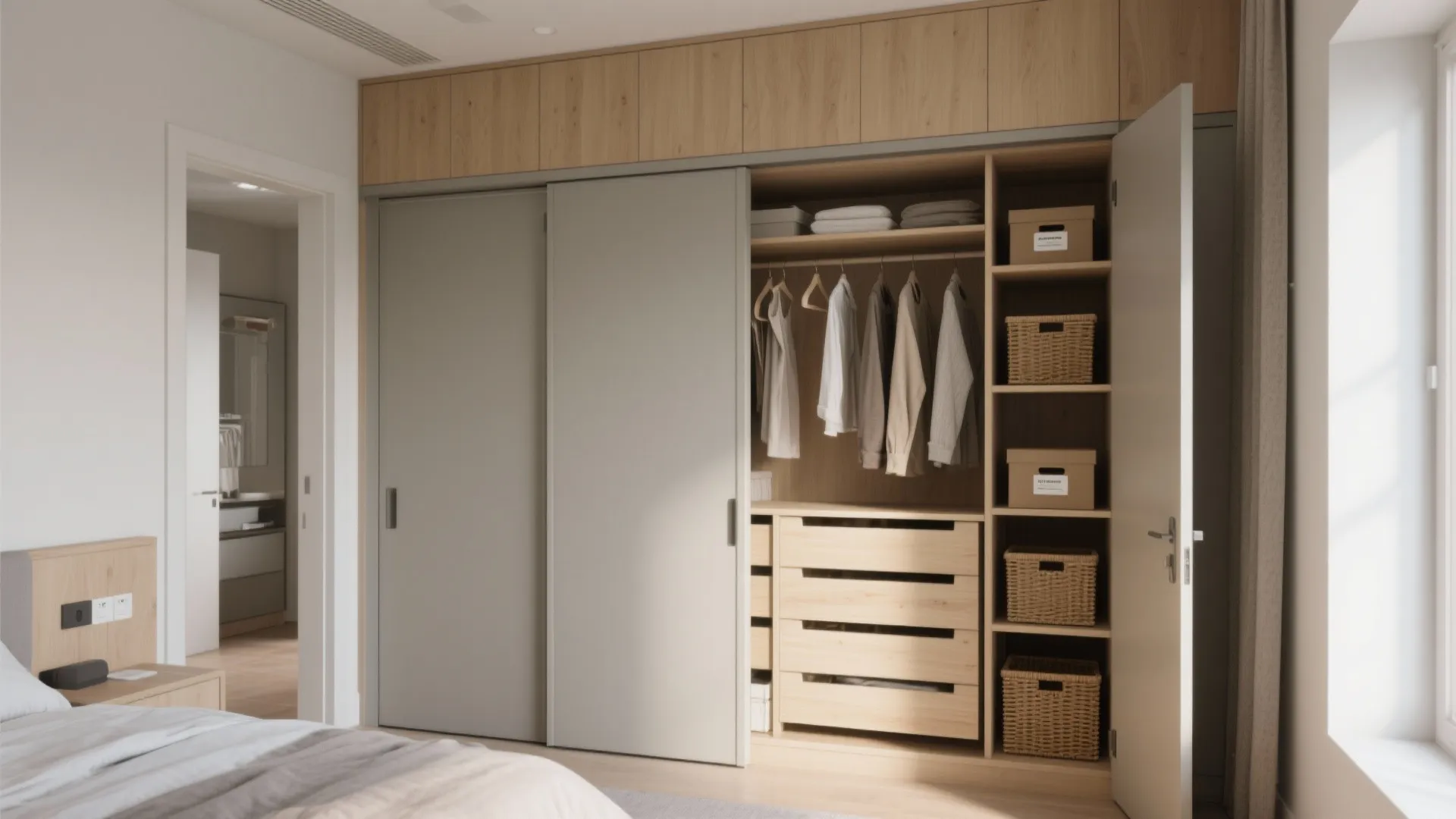 Sliding-door wardrobe reaching the ceiling with organized hanging zones, pull-out drawers and narrow cubbies in a small bedroom.
