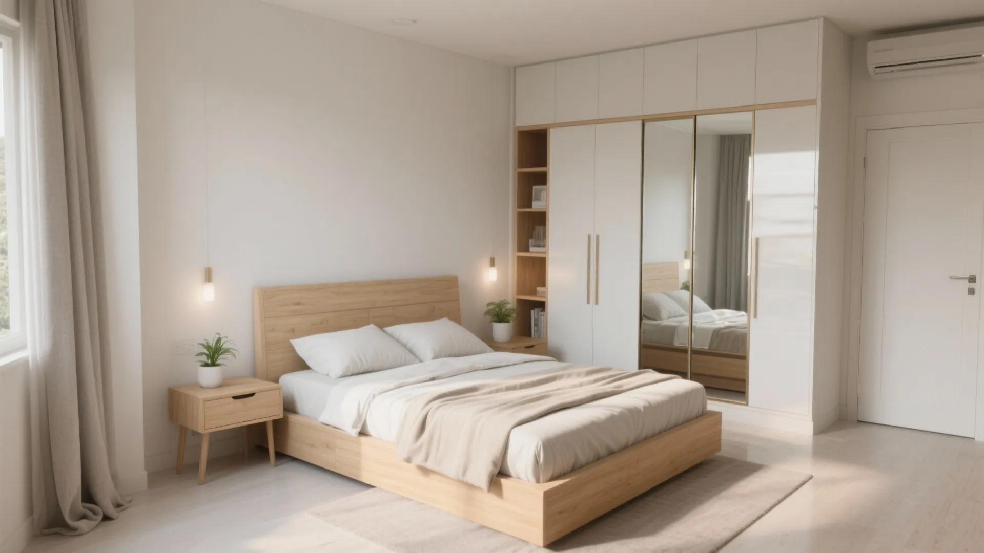 Modern bedroom featuring wooden bed frame white cabinet with mirror and hanging wall light fixture