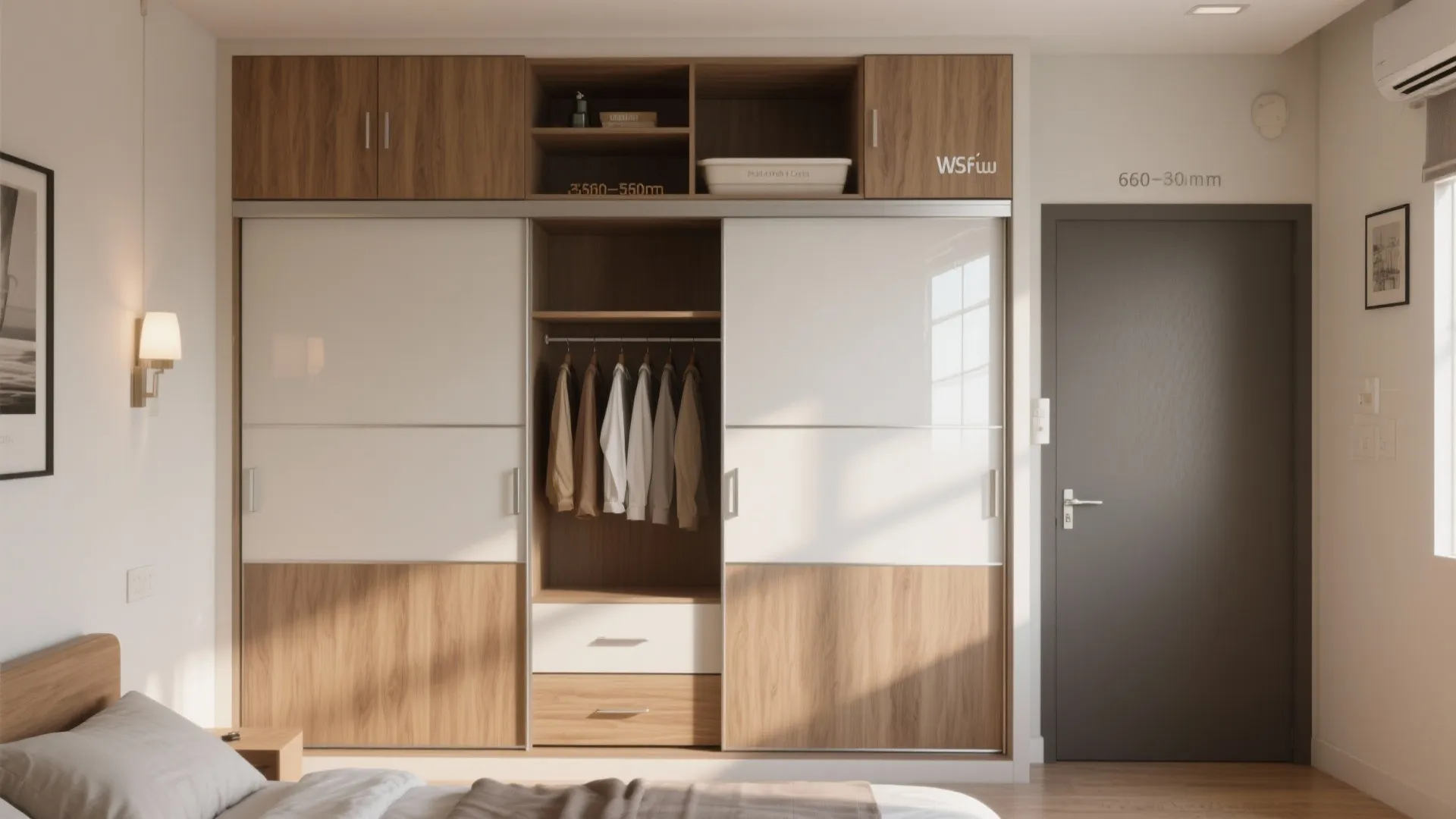 Wardrobe wall with sliding doors and lofts