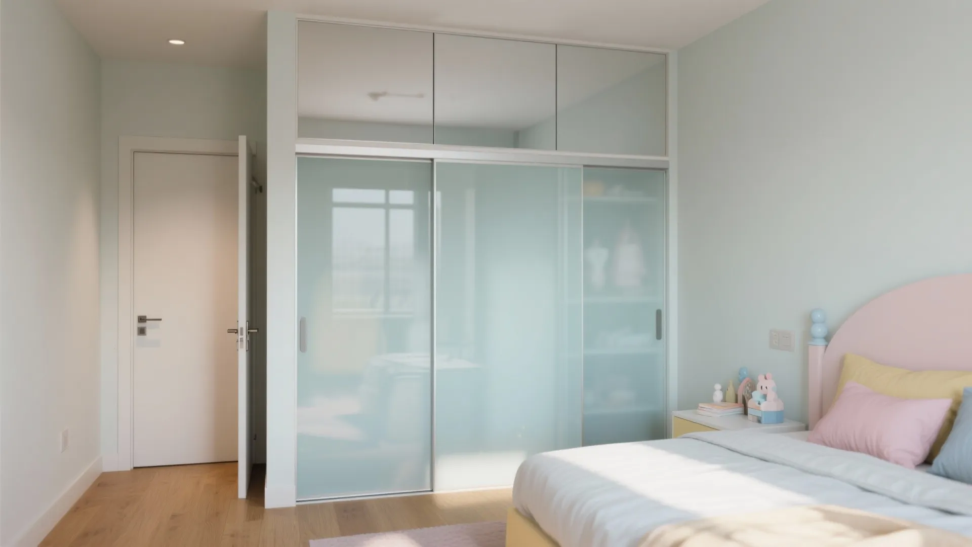 Sliding acrylic wardrobe with an upper mirror panel brightens a narrow small kids bedroom.