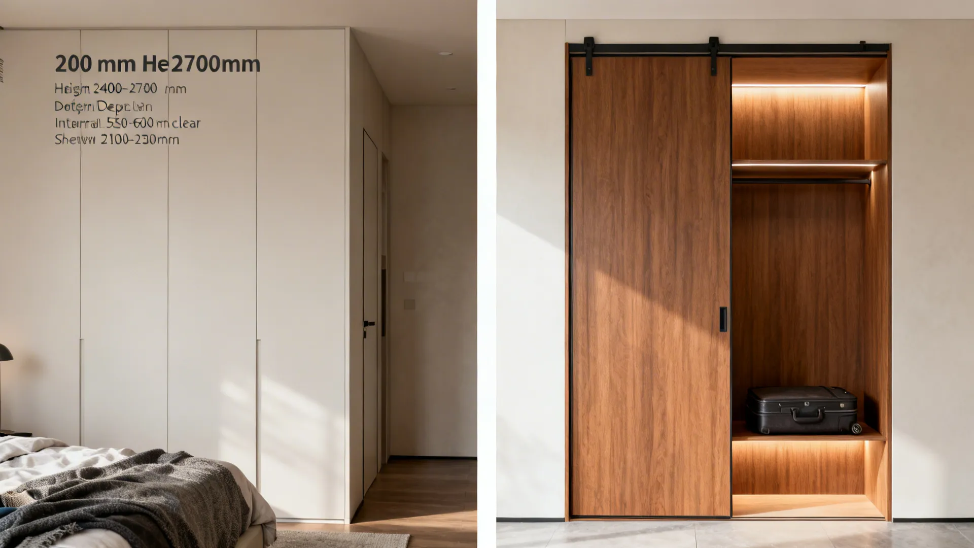 Before-and-after showing sliding-door wardrobe freeing bedroom circulation.