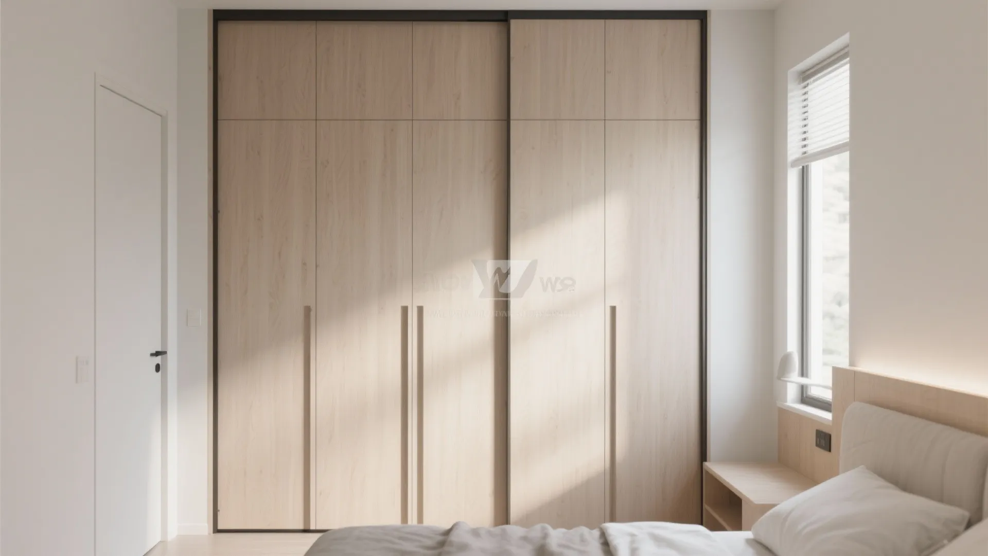 Light wood sliding door cabinet in a bright bedroom with white walls and natural sunlight