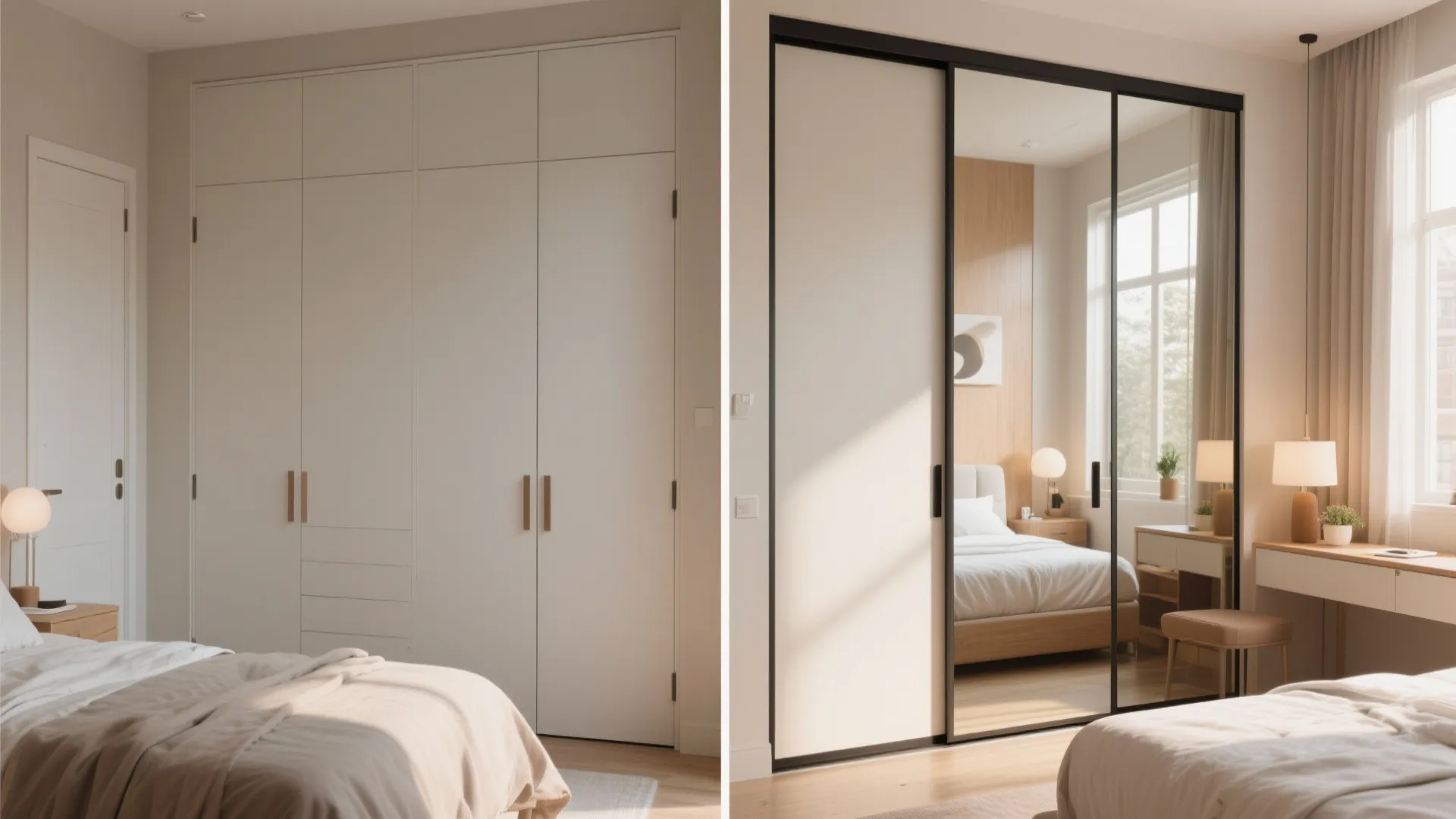Before and after comparison showing a white hinged wardrobe transformed into a modern mirrored sliding wardrobe