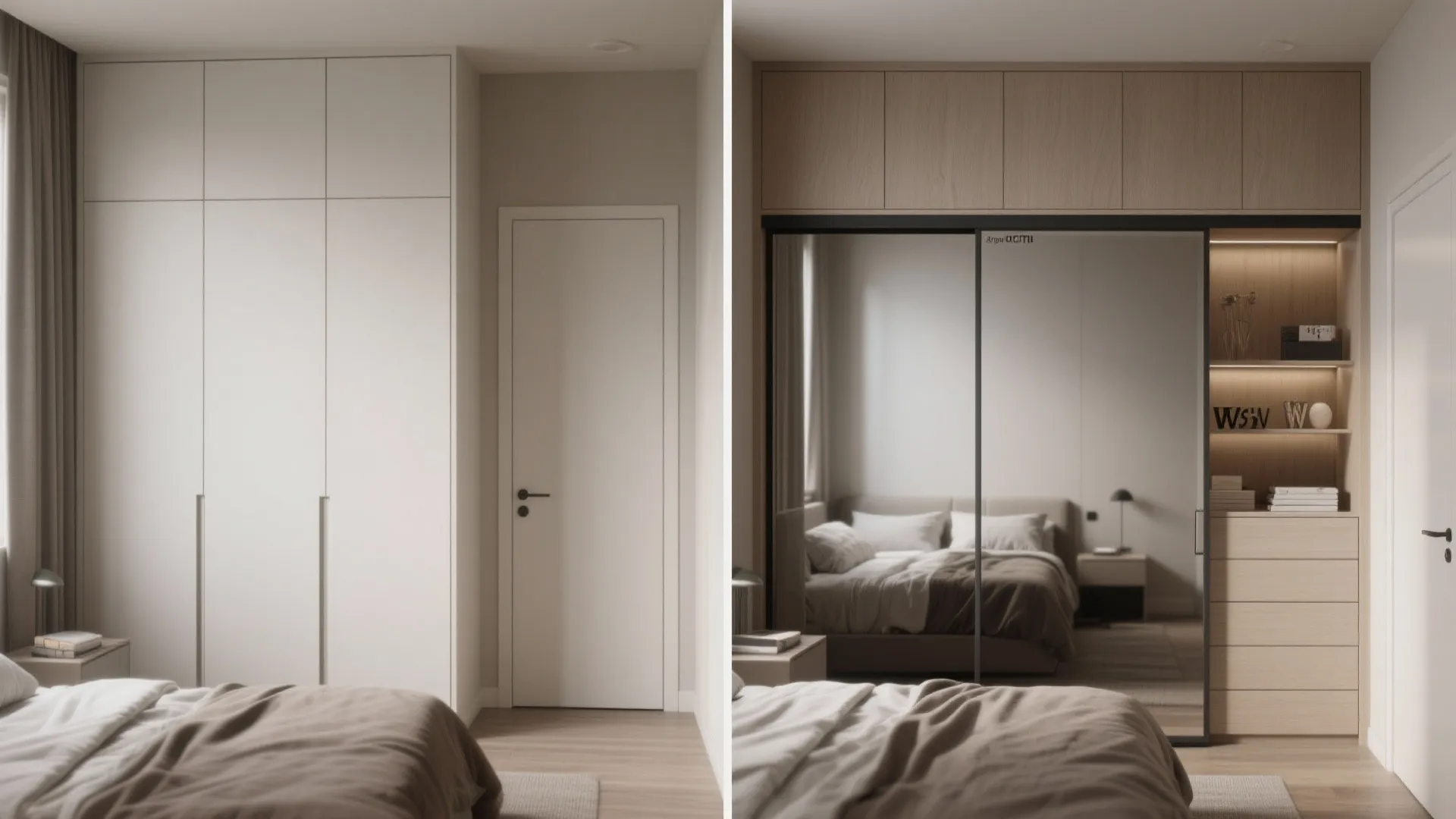 Before and after comparison of a white closet replaced with a modern mirrored sliding cabinet