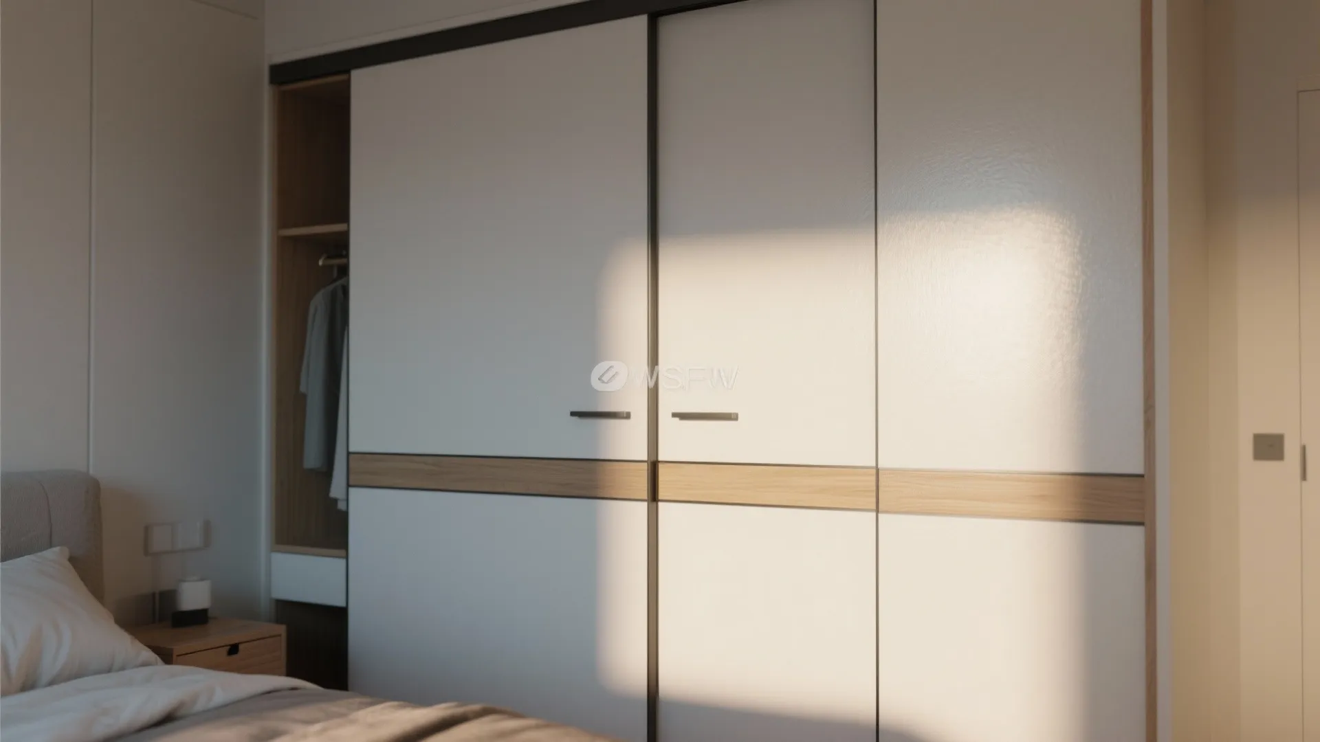 Modern white sliding door wardrobe with wood details beside a bed in a bright bedroom