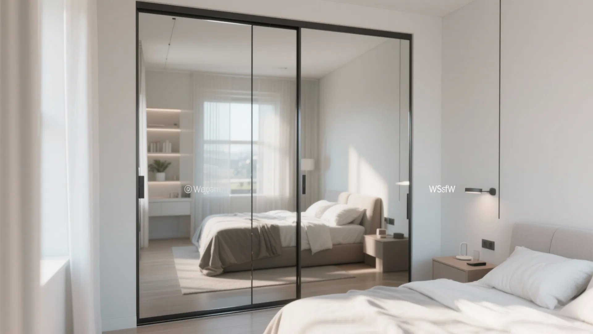 Modern white bedroom featuring large sliding mirror doors for a closet and bright natural light