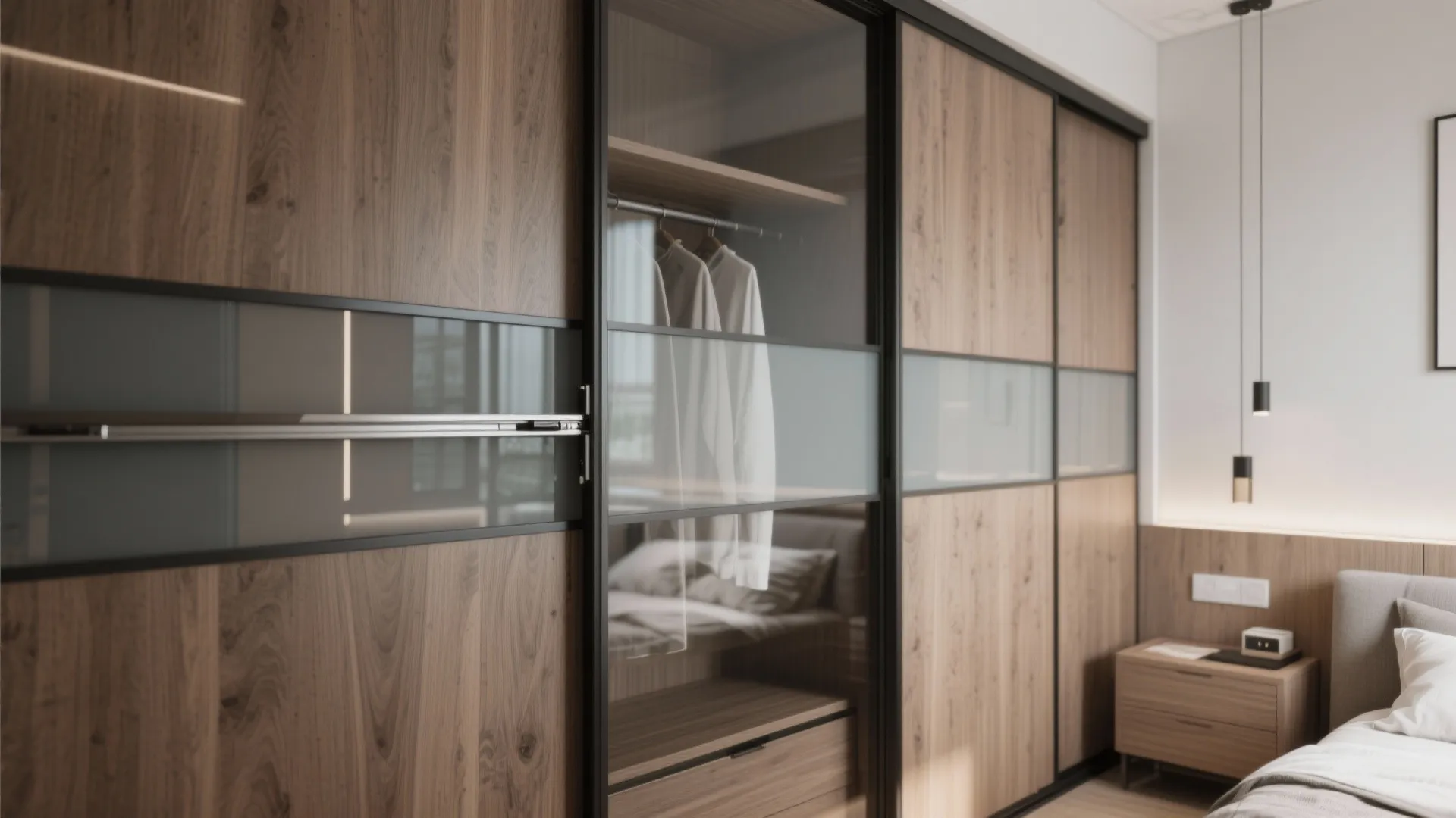 Close-up of sliding wardrobe door with smooth mechanism