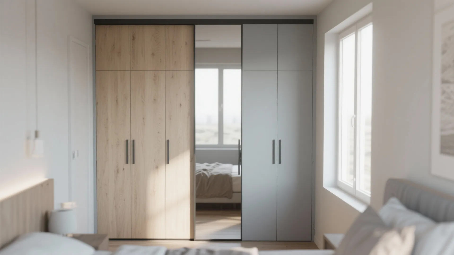 Large bedroom wardrobe with wooden and grey doors featuring a tall mirror in the center