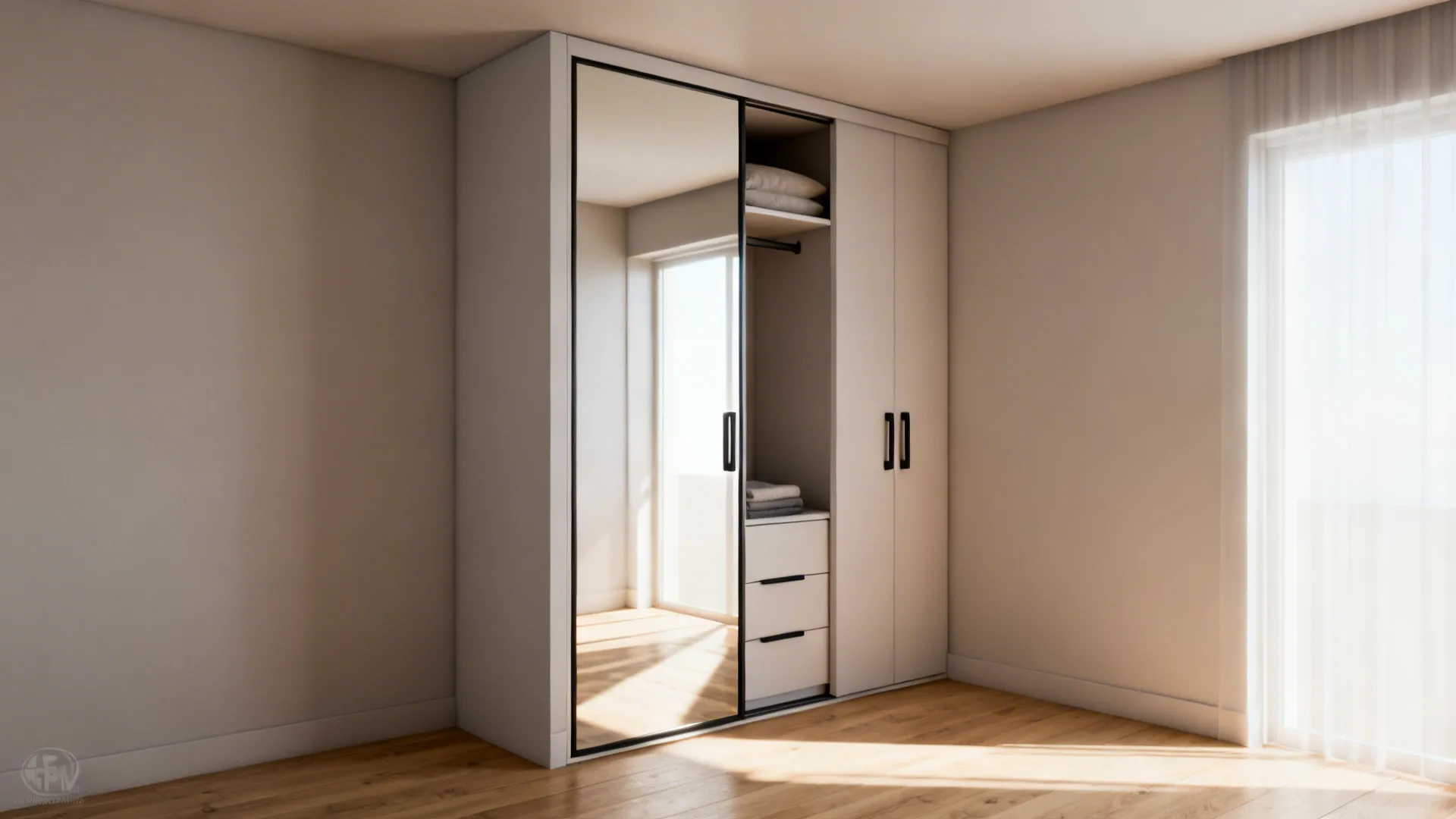 Slim sliding-door wardrobe with a mirrored panel in a small modern bedroom.
